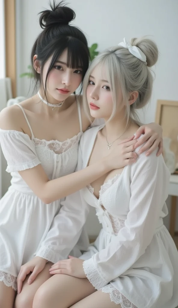 pure, 1 girl, High quality, best quality, illustration, Masterpiece, (Highly detailed:1.2), (very detailed:1.3), Flat chest, bare shoulders, young girl, Boa Fleece Casual Set, White nightgown, ribbon rope, shorts, braid, small, Curvy loli, in home