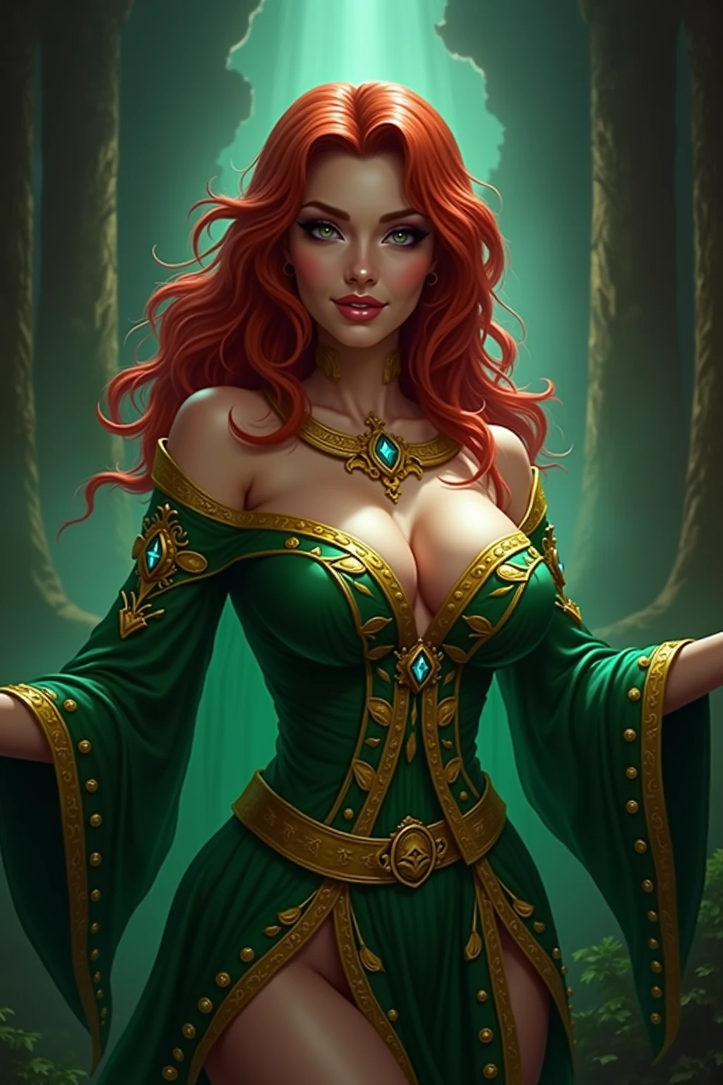 a  portrait of a babe temptress , druid, leaf robe, perfect face, pretty face, brown eyes, auburn hair, Hi-top fade, very short hair, flat chest, lush detail, absurdres, clothes made of leaves, full body shot, tomboy