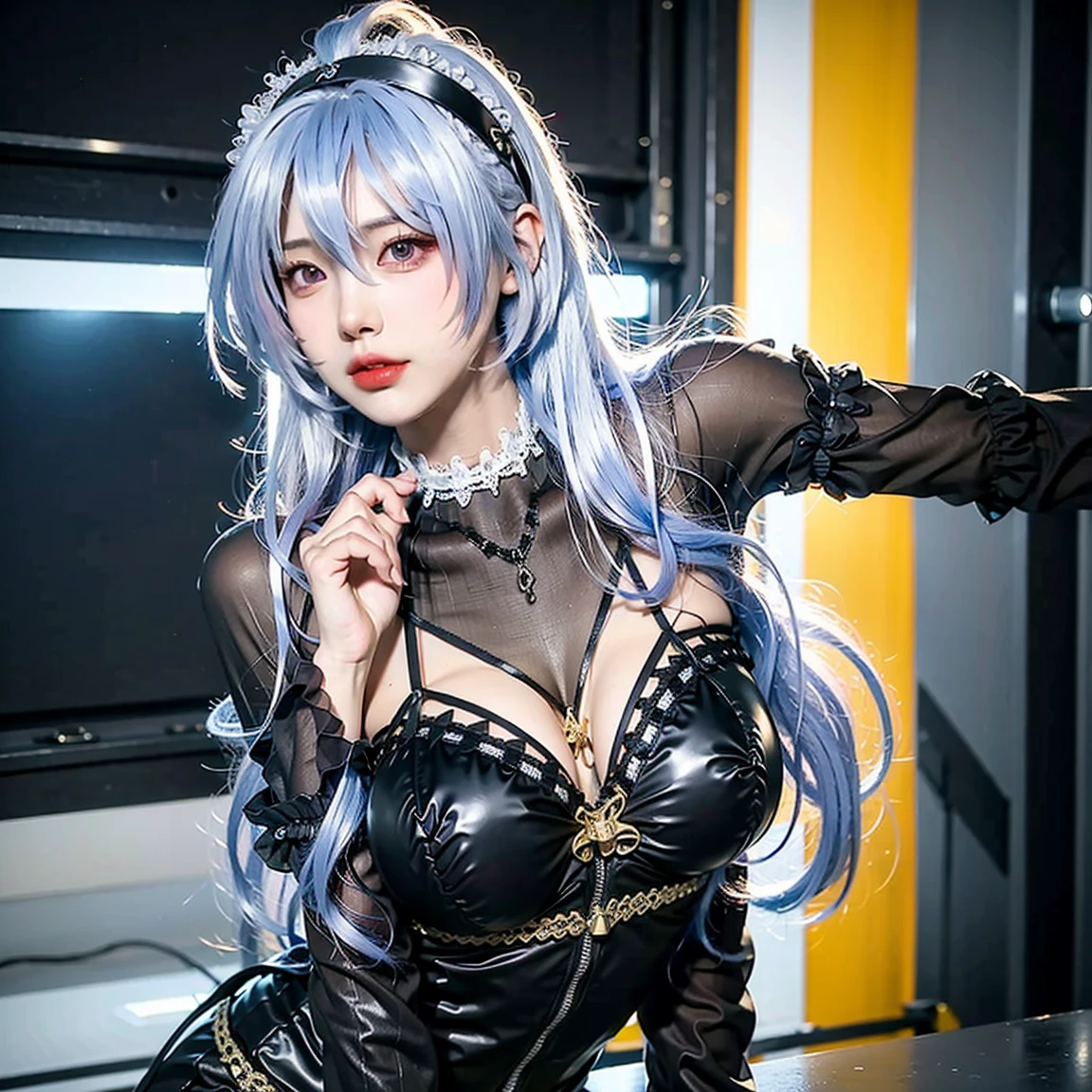 Super Detail, High Detail, high quality, best quality, High resolution，1 female robot，Beautiful female robot,beautiful clear face(Rain waves_haneame：1.5)， Realistic, High resolution, Soft Light,Hips up, (Detailed face), silver hair, long hair, Mecha Maiden, Colorful mechanical parts, mechanical joint, Thick mechanical armor,Weaponry, All metal body, Technology Antenna Hair Accessories