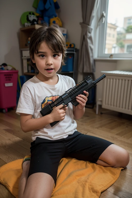 A 10-year-old boy,Toy gun in hand,Lie down in bed,Round-faced Chinese,Gray hair。 --auto