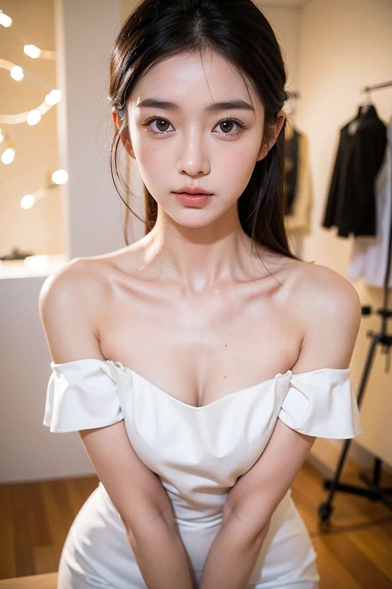 (masterpiece, highest quality:1.4), award-winning portraits, 8K, 85mm, alone, beautiful face, delicate girl, violaces, gardenia, grace, Sophisticated, cute, teen, looking at the viewer, 15 years old, Raw photo, disorganized, HDR, sharp focus, background bokeh、(((flat 、thin and delicate body、A childish atmosphere、basement)))、Her shiny semi-long hair is tied up、swaying hair、Mole on the left cheek、large, round, dark blue eyes、full body、random pose、Junior idol、Nogizaka Idol、mole under eye、sexy、naked、topless