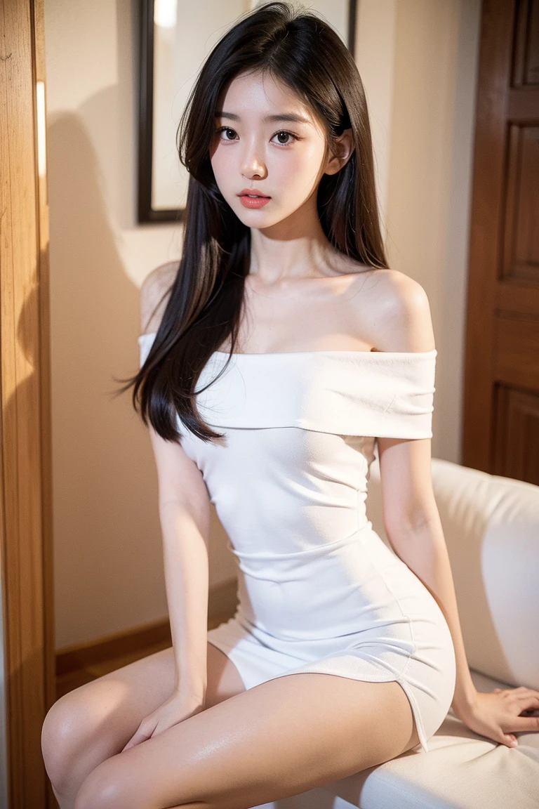 Masterpiece, highest quality, high resolution image: A woman elegantly seated in a chair, posing for a self-portrait with an iPhone. She dons a bodycon dress that hugs her figure, accentuating her slender physique. The minimal design of the feminine costume adds to its sleek appeal. With a seductive glance into the camera, she crosses her long, beautiful legs at the knee, displaying an alluring leg shot. Her legs, as long and thin as willows, exude an ethereal beauty. The texture of her pale skin is so lifelike and realistic that it seems almost tactile. The intricate details of the dress, the folded fabric, and
