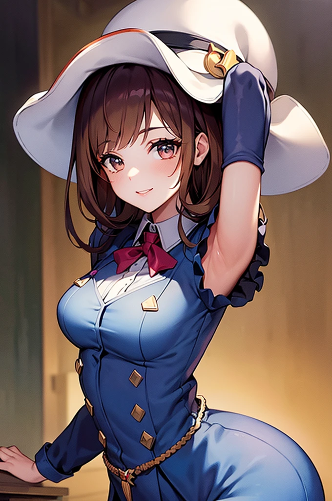 (masterpiece),(best quality), shannon, casual outfit, brown dress, brown clothes, purple bow, short sleeves, hat, ((Tight leotard)), ((sexy pose)), ((Wrestling ring)), (Big tits), (Wide hips), short hair, beautiful face, beautiful moonlight, ((night)), looking at the viewer