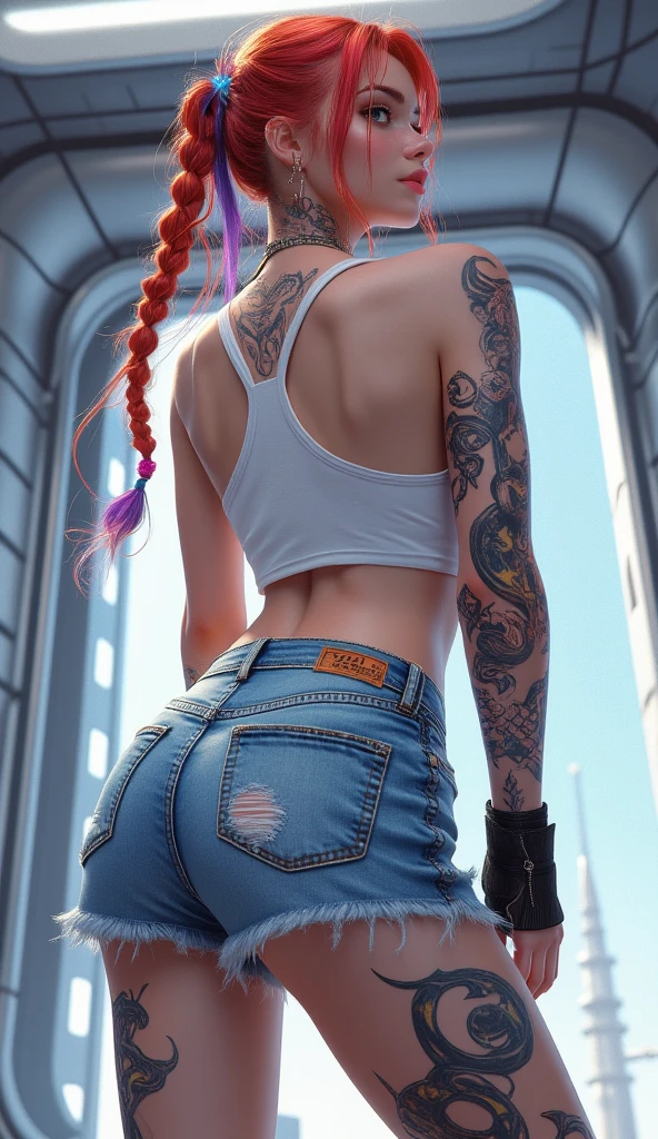 cintura fina, bunda grande, bunda, bunda grande,
andando para a praia, de costas, usando um micro shorts cavado, translucent skin, tiro de corpo inteiro, (red hair)+(long braided hair)+(franja), low angle view, (Defined physique:1.2), riqueza nos detalhes, inspirada em Jenna Ortega. (Foto RAW, 8k UHD,8k, qualidade superior, melhor qualidade, obra-prima, altamente detalhado: 1.2).