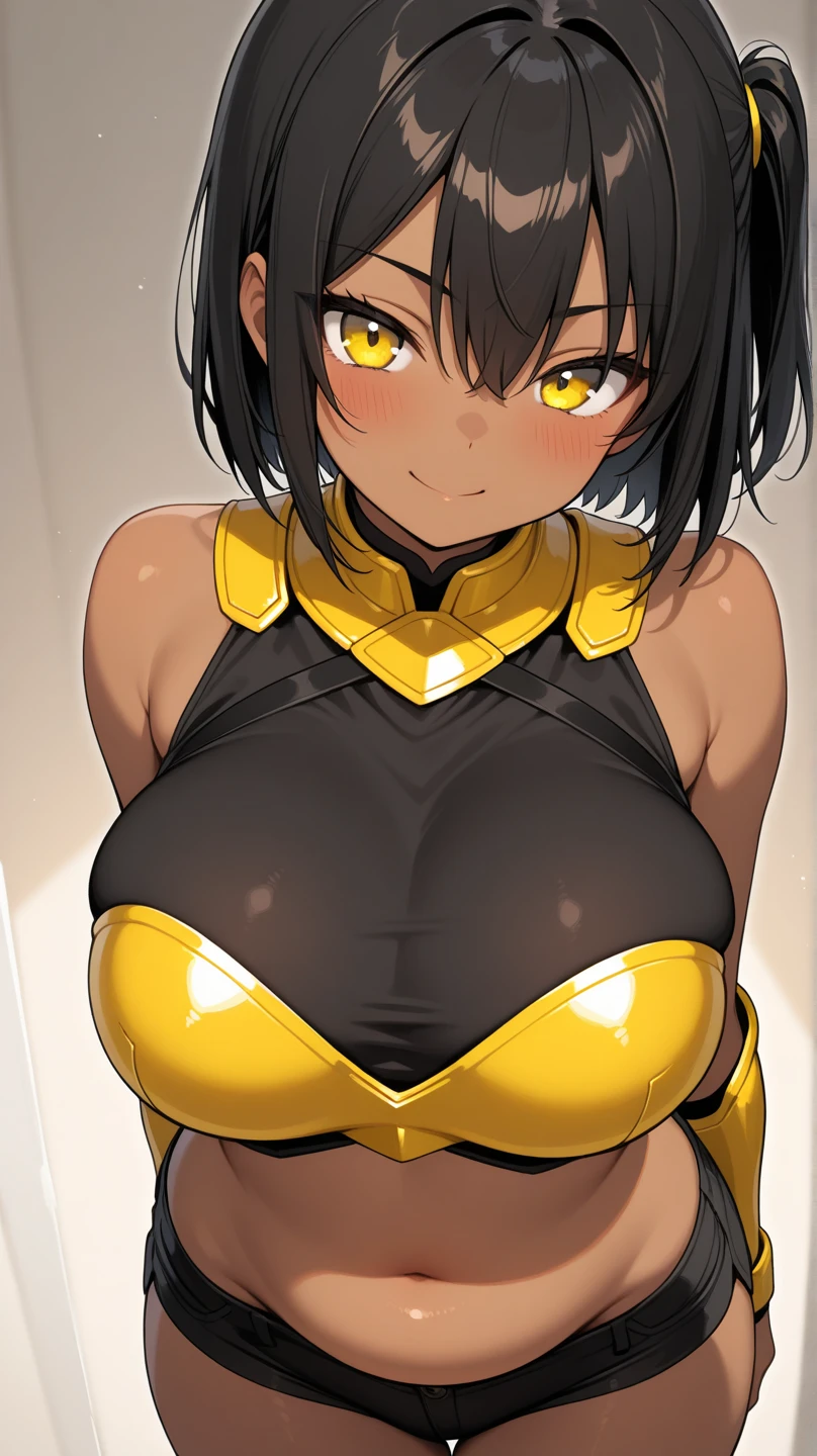 anime style, 2d, anime screencap, 1girl, black hair, very short hair, futuristic, science-fiction, smile, black bodysuit, bodysuit, electricity, large breasts, big breasts, breasts, wide hips, thick thighs, pantyhose, yellow eyes, smile, tech, thighhighs, hair ornament, ornament, light smile, headphones, headset, machinery, tan, tan skin, tan body