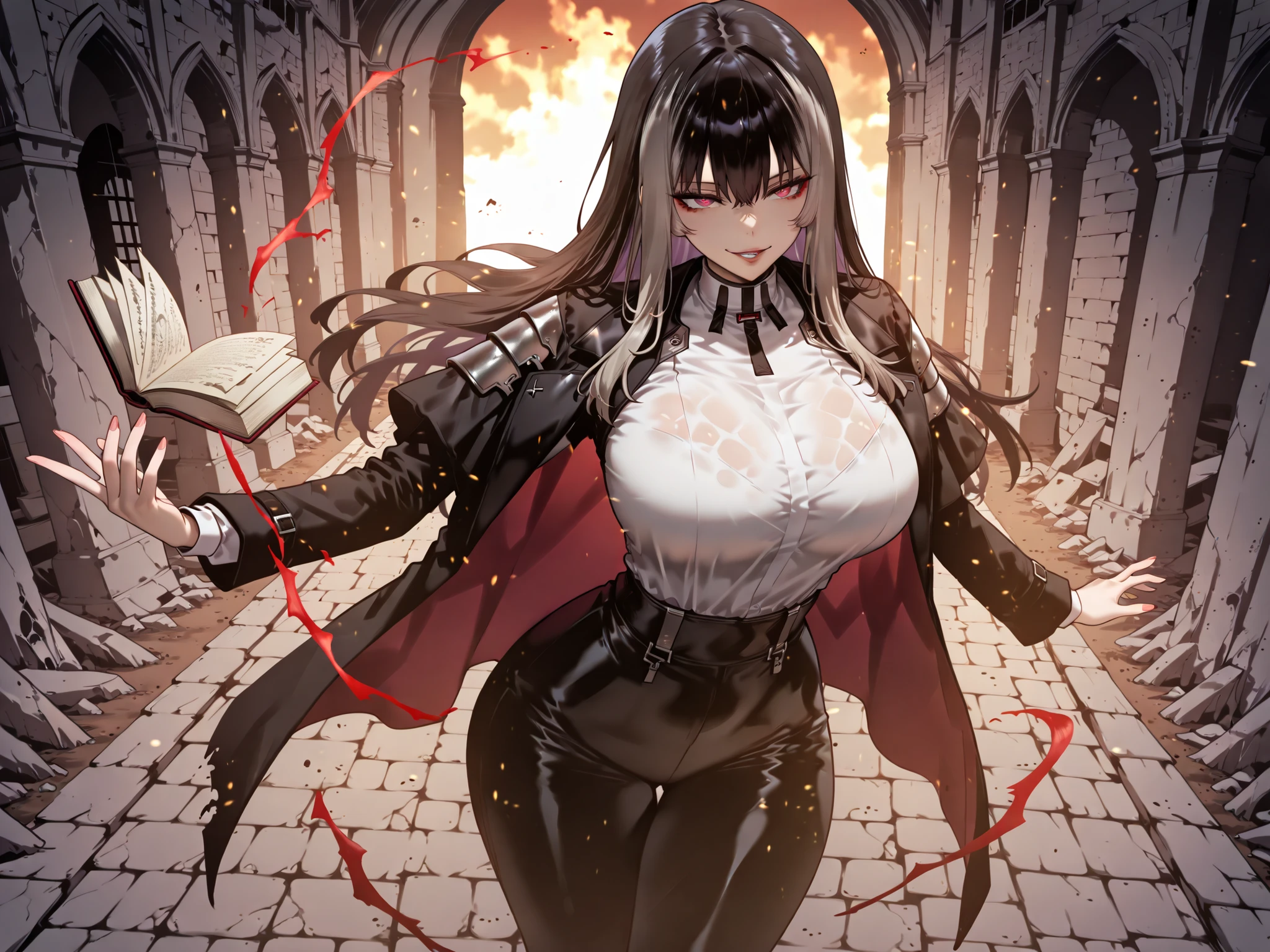 taken from above、caveの中、Ruins、black suit、black longsuit、 black long jacket、ゴスロリなshirt、Depressed、Tall Woman、A woman in her thirties、 Alassah's woman、Steins;Gate、 black longsuit 、score_9, score_8_up, score_7_up, Source_anime,masterpiece、No expression、no makeup、top quality,beautifully detailed eyes in a logistics warehouse, Exquisite Eyes、A sophisticated eye、highly detailed eyes and faces,unmotivated expression、lethargic face、 long breasts, Black Jacketを羽織る、Black Jacket、shirt, big saggy breasts, shockingly big breasts, big breasts,big boobs、boobs 、Zitoida, makeup、no makeup、long hair、smooth straight hair、black slacks、tall woman、Tall Woman、plump thighs, parted lips、 shining eyes,(Fire Aura Onkown),dungeon内、Crimson Eyes、long hair、dark haired、黒い髪、Long Straight Hair、dungeon、cave、Ruins、solo、soloプレイヤー、red aura、 Crimson Aura 、Wide ass、beautiful butt、and stick your butt into the focus of your butt、long boots、Shoulder Armor、Fearless Laugh、strong、Is confident、suit pants、黒いlong pants、Black Skinny、long pants、Dynamic、Satu、fight、Satu狂、俺だけレベルupな件、arrogant、 Confidence々The smile 、bewitching smile、Sadist、Satu中、hunting、hunting、intimidating、magic使い、magic、Spell Book、magic、Spell Book、magicの本、Floating Book、floating book、Pearl of Light、Light Ball、 Floating Books、Flying Book