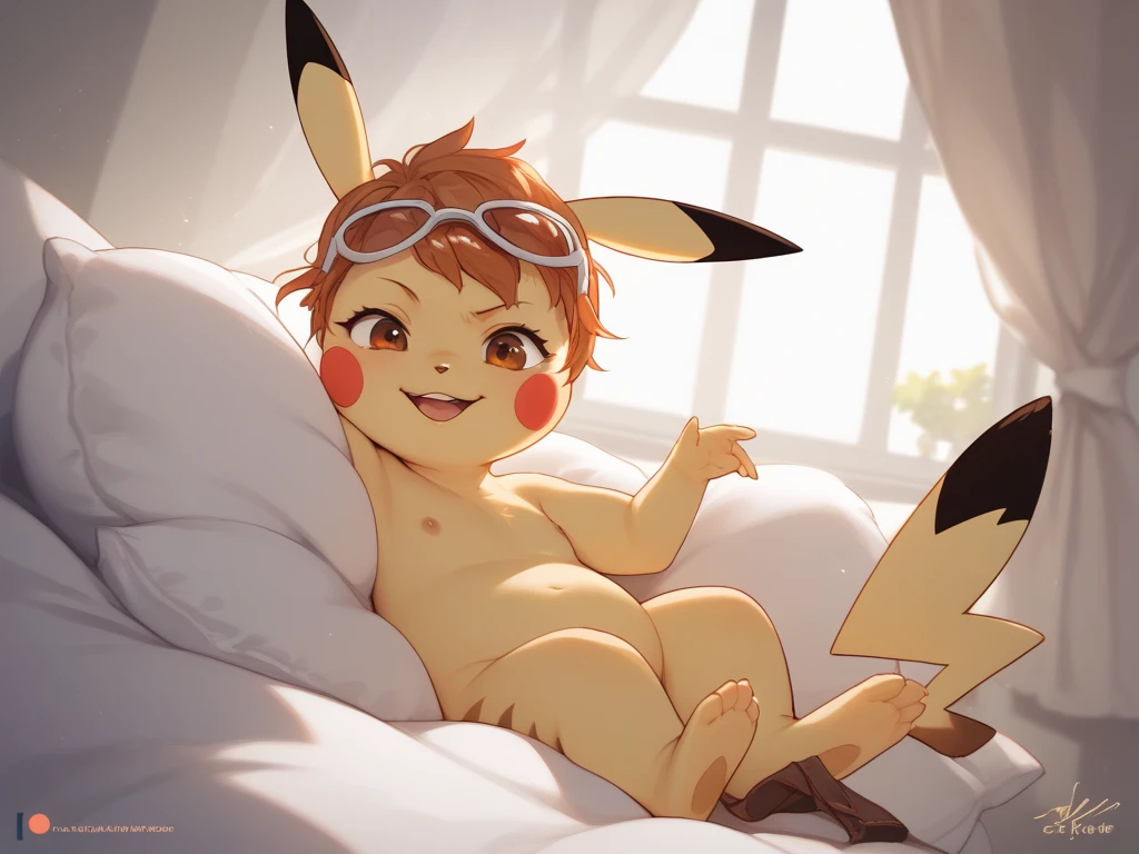 Chica rubia peliceniza, cuerpo delgado,pechos medianos, trasero algo grande, ruby eyes, sonrisa nerviosa, rubor creciente, desnuda, cuatro patas en cama matrimonial