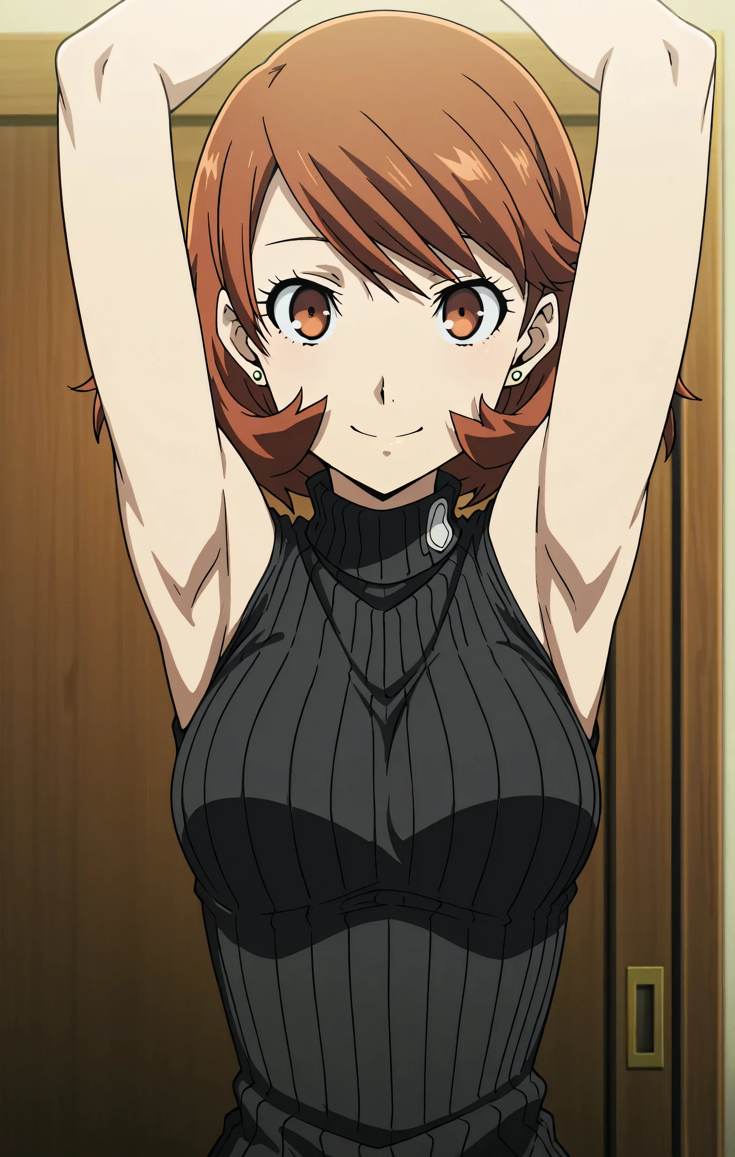 masterpiece, best quality, amazing quality, anime screencap, anime coloring, 1girl, solo, p3yukari, yukari takeba, short hair, light brown hair, earrings, brown eyes, black sweater, sleeveless sweater, ribbed sweater, turtleneck, sleeveless, bare shoulders, bare arms, arms up, raised arms, armpits, armpits focus, head towards viewer, (looking at viewer:1.1), direct eye contact, smile, closed mouth, indoors