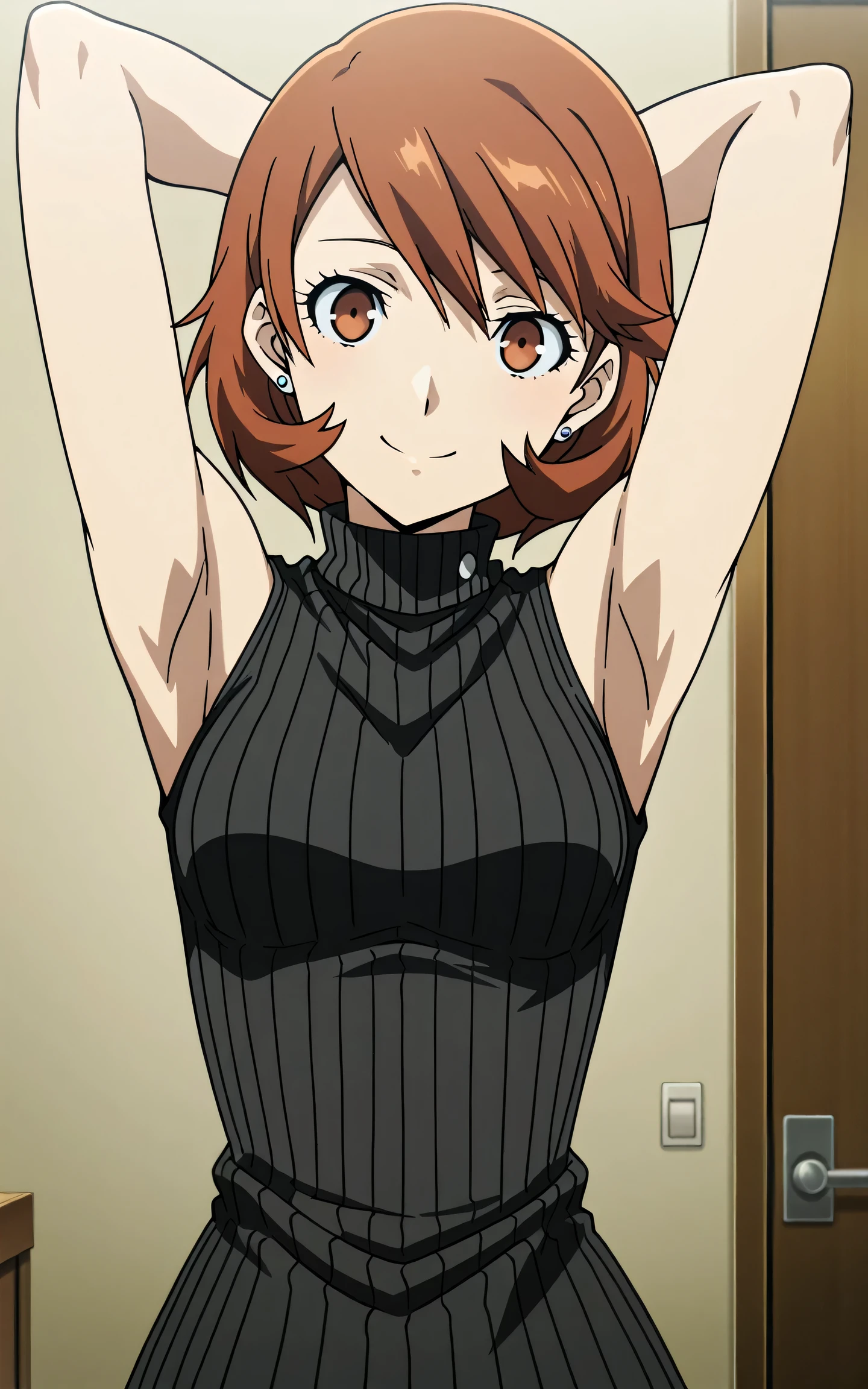 masterpiece, best quality, amazing quality, anime screencap, anime coloring, 1girl, solo, p3yukari, yukari takeba, short hair, light brown hair, earrings, brown eyes, black sweater, sleeveless sweater, ribbed sweater, turtleneck, sleeveless, bare shoulders, bare arms, arms behind head, armpits, armpits focus, head towards viewer, (looking at viewer:1.1), direct eye contact, smile, closed mouth, indoors