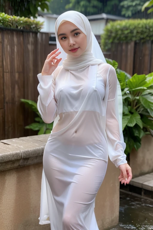 Young beautiful sweet sundanese Bogor city girl, twenty five years old, slim body, georgeus face, no underwear, wearing wet white thin hijab, all her hairs and ears covered under her hijab, wearing wet white thin strict see through very transparent Indonesian gamis, standing lean to the wall, shivering very limp as being having sex in the hard rain on the Bogor city street side walk, rain drops visible, waters flowing down through all the thing, dense hairy very wet vagina exposed visible through her gamis, enjoying being having sex orgasm redish face, open wide mouth, head being limp backwards, being take a deep breath hardly through her mouth, half closed eyes, her eyes turn upwards, realistic normal fingers, wearing wet glasses, wearing expencive high heels, carrying a expencive hand bag,