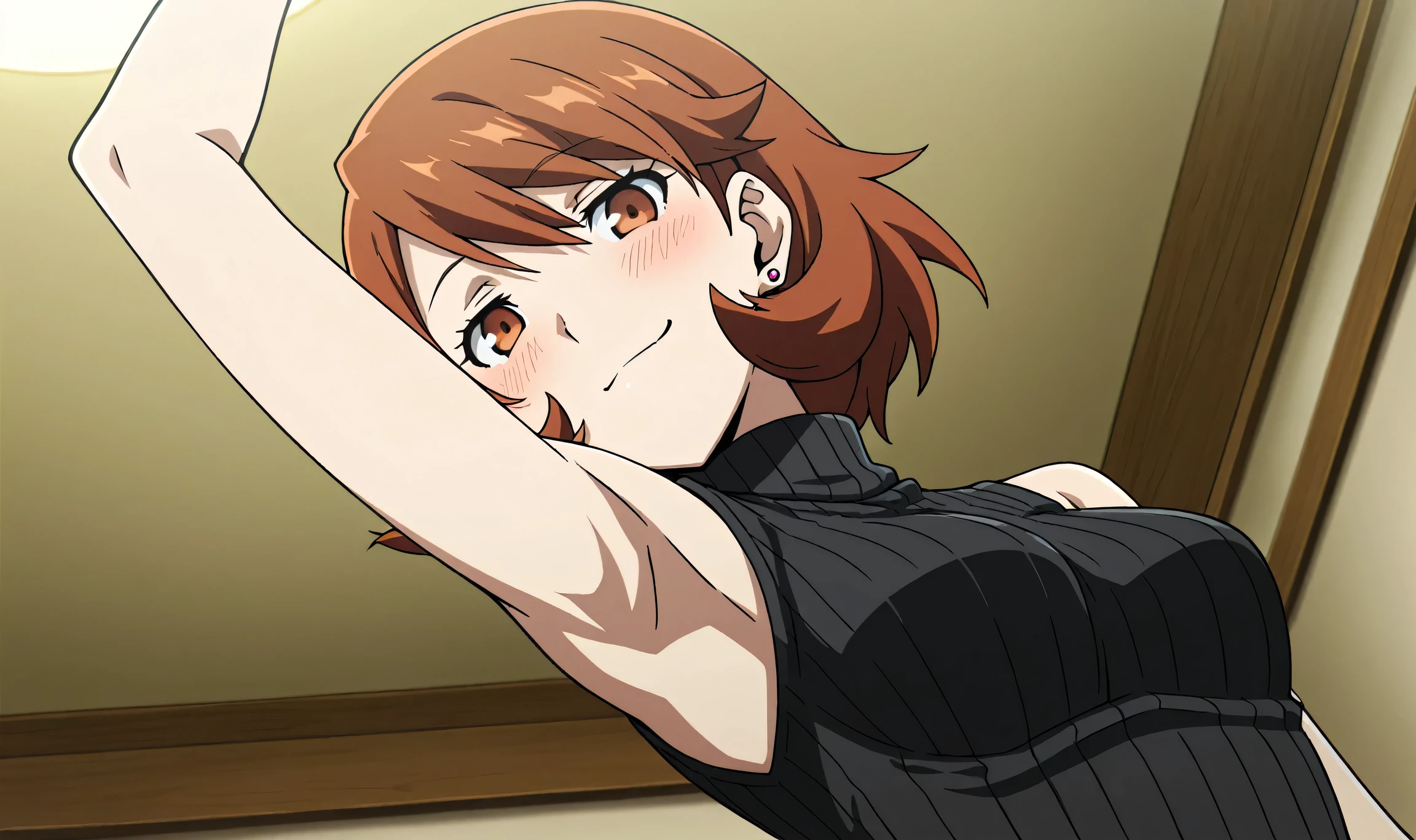 masterpiece, best quality, amazing quality, anime screencap, anime coloring, 1girl, solo, p3yukari, yukari takeba, short hair, light brown hair, earrings, brown eyes, black sweater, sleeveless sweater, ribbed sweater, turtleneck, sleeveless, bare shoulders, bare arms, arm up raised arm, armpit, armpit focus, head towards viewer, (looking at viewer:1.1), direct eye contact, smile, smug, blush, closed mouth, indoors, from side, from below