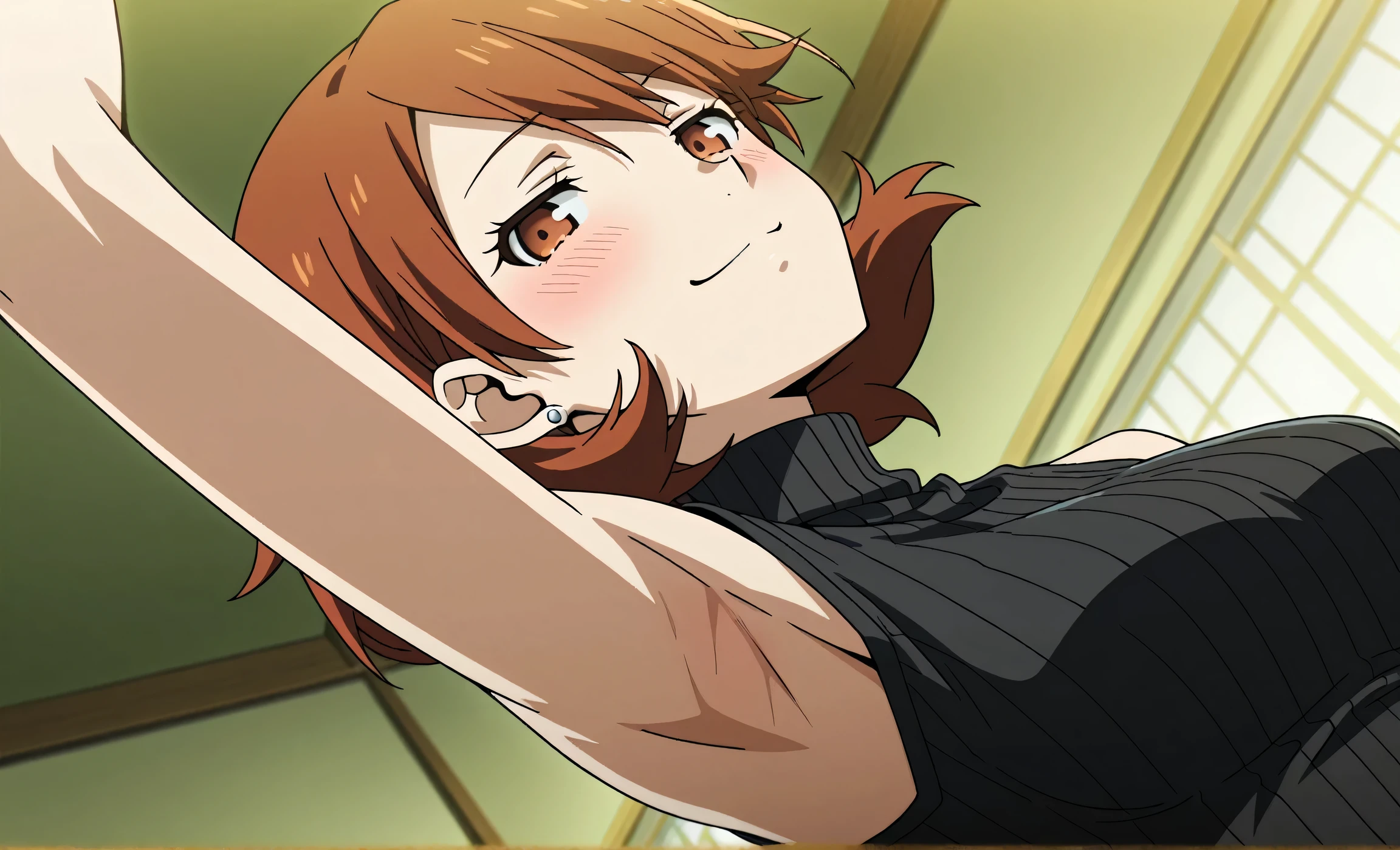 masterpiece, best quality, amazing quality, anime screencap, anime coloring, 1girl, solo, p3yukari, yukari takeba, short hair, light brown hair, earrings, brown eyes, black sweater, sleeveless sweater, ribbed sweater, turtleneck, sleeveless, bare shoulders, bare arms, arm up raised arm, armpit, armpit focus, head towards viewer, (looking at viewer:1.1), direct eye contact, smile, smug, half-closed eyes, blush, closed mouth, indoors, from side, from below