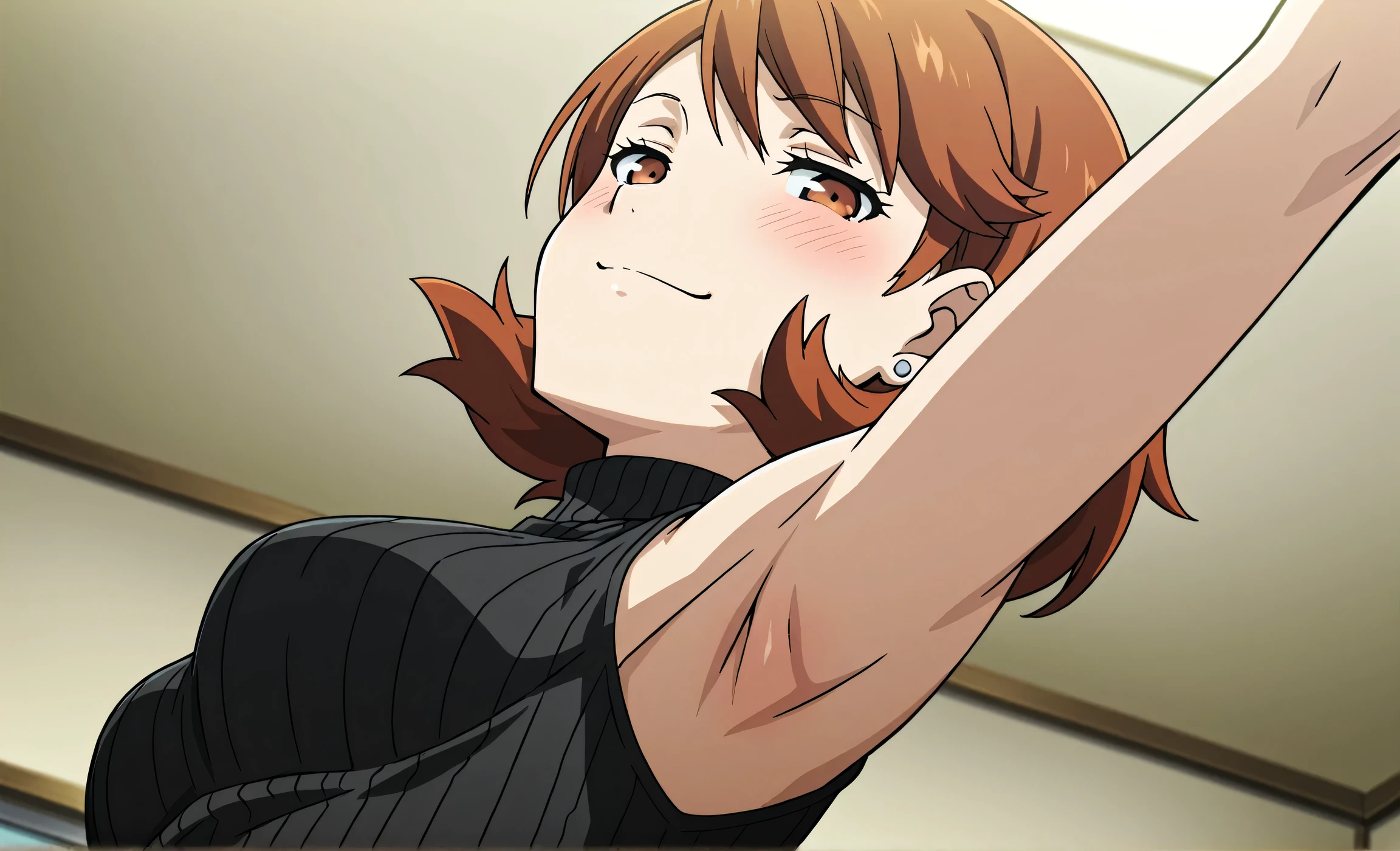 masterpiece, best quality, amazing quality, anime screencap, anime coloring, 1girl, solo, p3yukari, yukari takeba, short hair, light brown hair, earrings, brown eyes, black sweater, sleeveless sweater, ribbed sweater, turtleneck, sleeveless, bare shoulders, bare arms, arm up  raised arm, armpit, armpit focus, head towards viewer, (looking at viewer:1.1), direct eye contact, smile, smug, half-closed eyes, blush, closed mouth, indoors, from side, from below