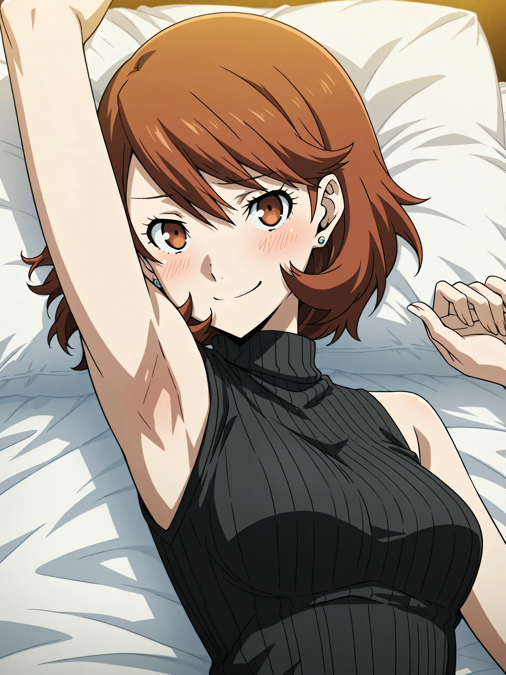 masterpiece, best quality, amazing quality, anime screencap, anime coloring, 1girl, solo, p3yukari, yukari takeba, short hair, light brown hair, earrings, brown eyes, black sweater, sleeveless sweater, ribbed sweater, turtleneck, sleeveless, bare shoulders, bare arms, arm up, raised arm, armpit, armpit focus, head towards viewer, (looking at viewer:1.1), direct eye contact, smile, smug, blush, closed mouth, lying in bed