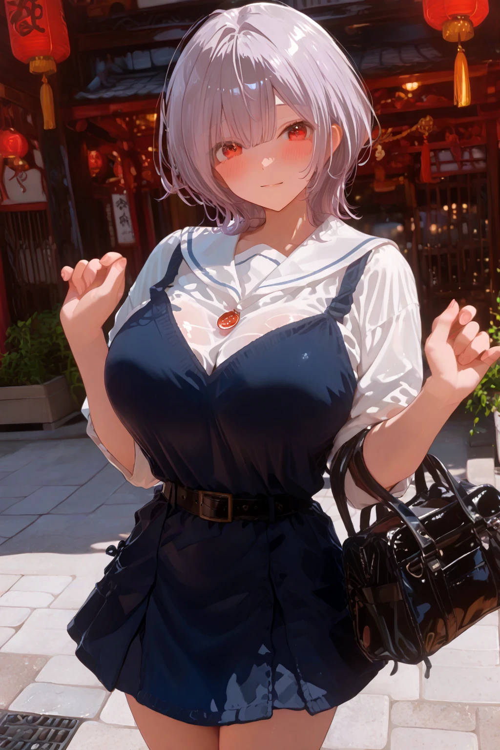 (dynamic angle:1.3, front view:1.1, breast focus:1.3, from below:1.2), (dynamic posing:1.5, sexy posing:1.3, leaning forward), (seductive smiling:1.3),masterpiece, 1girl, (pointed chest:1.3), cleavage:1.1,(double breasted:1.2,under bust:1.2), Amazing Cleavage:1.3, thin waist, big ass, Raised sexy, big breast: 1.2 posed cleavage:1.2、solo, looking at viewer, open mouth, have a grass of beergrass,black hair, blue eyes, bare shoulders, jewelry, collarbone, sidelocks, hairband, earrings, indoors, red off shoulder sweater dress, arms behind back, short hair with long locks, blue white hairband, big side hair, very long side hair is rendered in (masterpiece: 1.2, best quality), with (ultra high resolution) and an exquisite (depth of field). This masterpiece is not only visually stunning but also tells,A scene of cooking in the kitchen