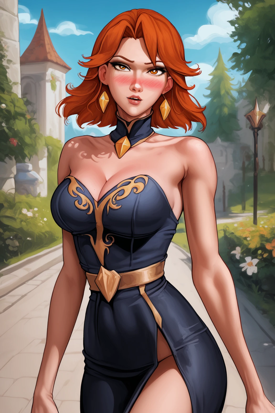 1woman, in a castle dungeon, holding glass of wine, seductive smirk,blushing, big breasts, wide hips, big ass, Triss Merrigold, nighttime