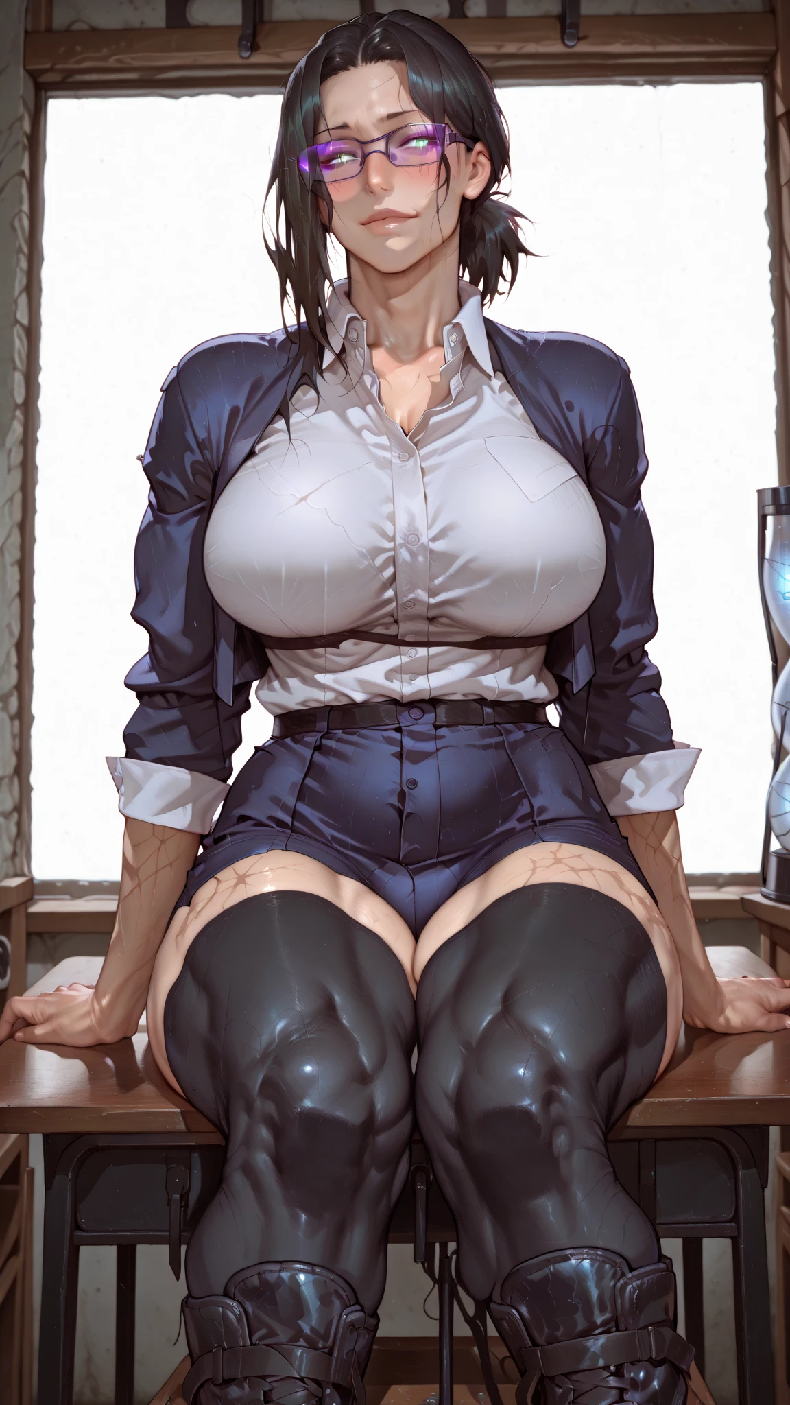 (masterpiece, Highest quality, Very detailed) ,, (Pointed Chest), short hair, Black Hair, , wear rimless glasses、(Huge breasts:1.2), Raised, Wet , Sweat, , Beautiful Face, Big eyes, cute, cute, fog, Voluptuous body ,erotic masturbate、(nurse's uniform:1.3), ,(reduce skin exposure) At the hospital, On the bed, (Nipple selection:1.2), (Side bust:1.5), (Protruding chest:1.5), (look at camera:1.5), Camel Toe, Realistic uniforms, (anime:1.2)