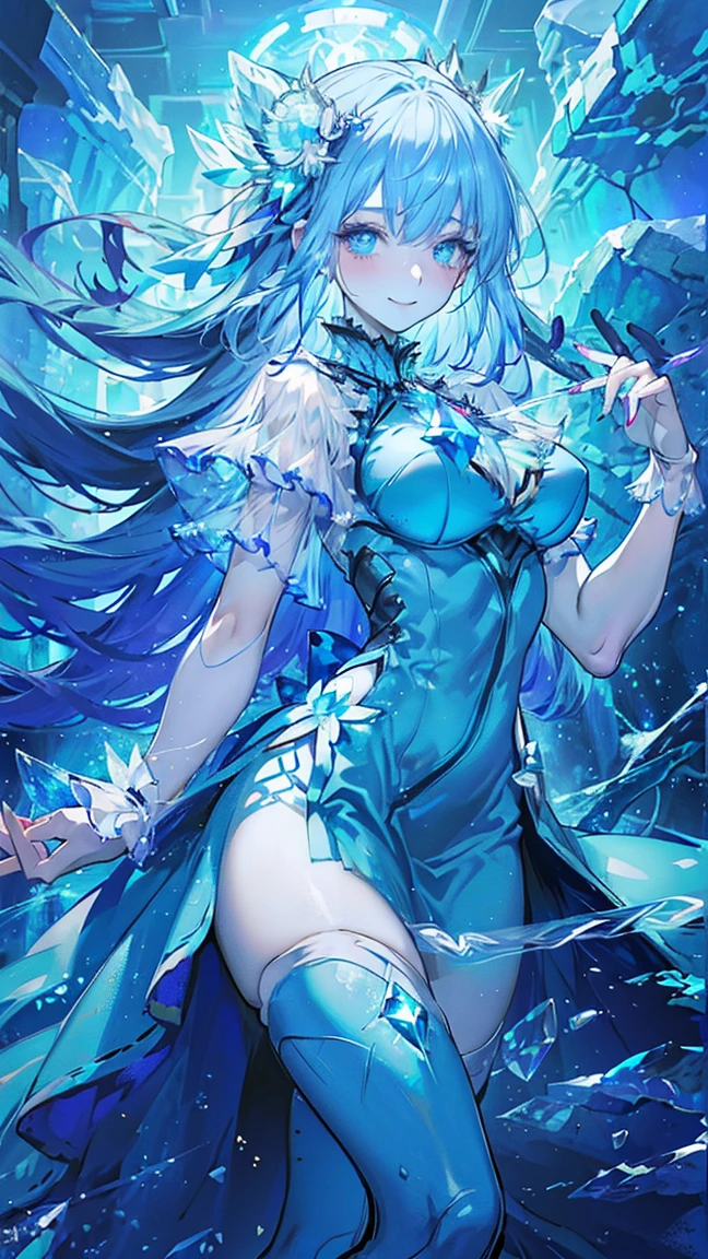 Short glow ice blue hair，Very sweet and shiny delicate face，A creamy and soft blue-and-white long cotton coat with a high collar，With a blue-silver ice crystal necklace，Reveals long smooth and delicate legs，The ultimate in exquisite clarity