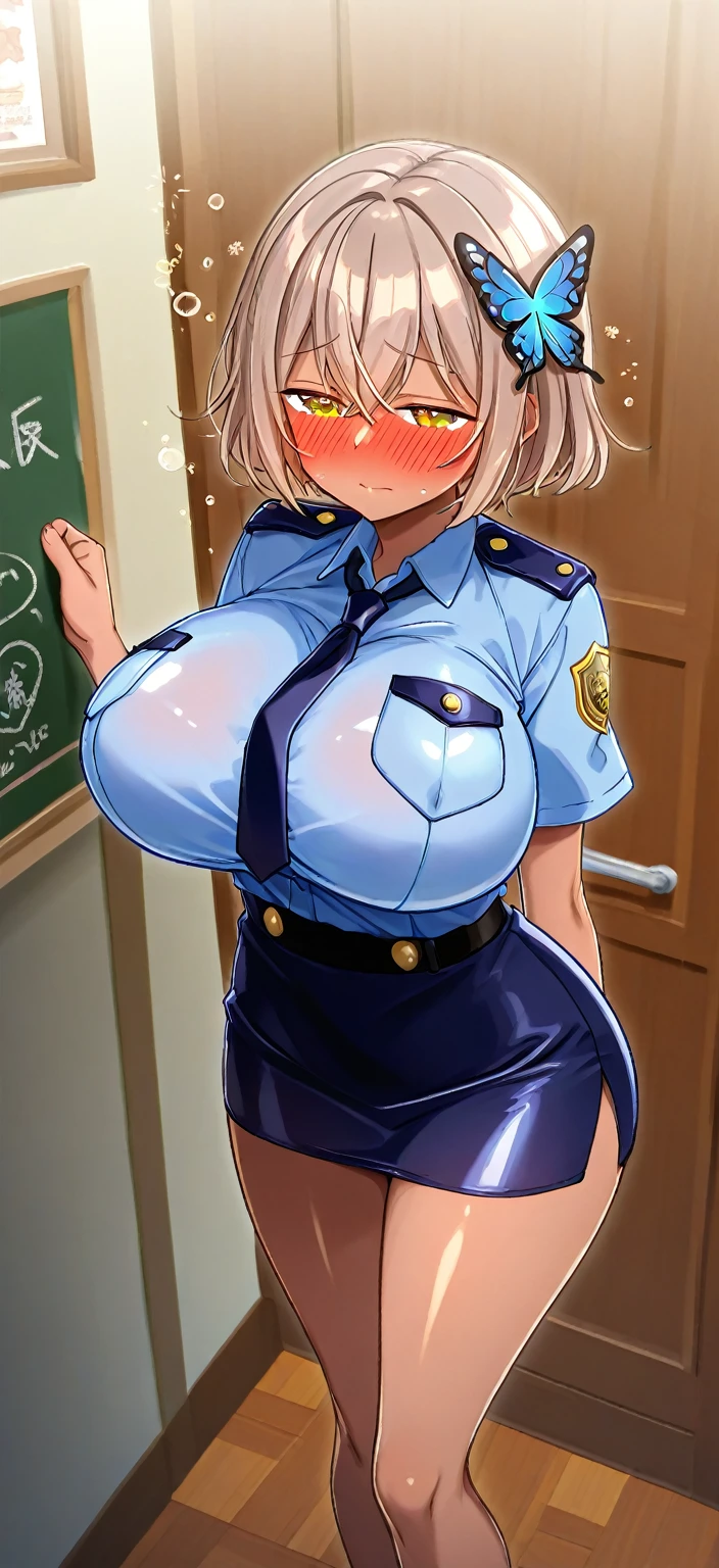 masterpiece, best quality, 1girl, solo, breasts, thighhighs, blue-eyes,, (huge-breasts), gloves, boots, black-hair,elbow-gloves, sideboob, garter-straps, purple-thighhighs, skirt,curvy, thighs, full-body, simple-background, miniskirt, looking-at-viewer, cleavage, ((nup, police officer)),(eye glass),
(nsfw),((cum on breasts)),(nipple),steam,