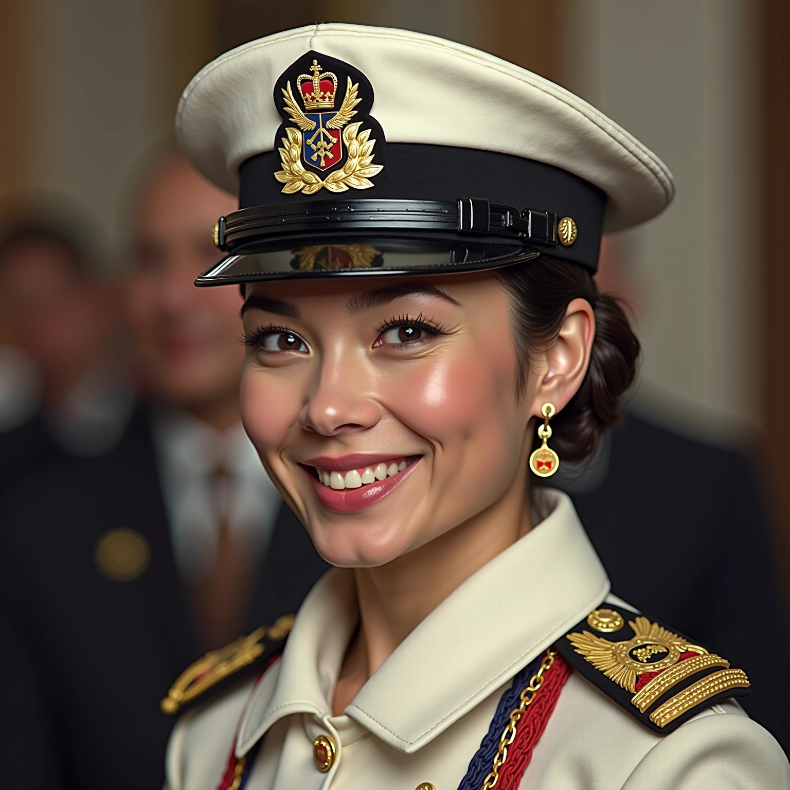 35mm film photography, Joyful, smiling black hair 1 woman on her head ship captain's hat pin-up woman posing beautifully smiling on a yacht clear weather summer sky sunny day glare in her hands holding a glass of cocktail retro pin-up style green  closed with polka dots pin-up poses luxury rich life 
