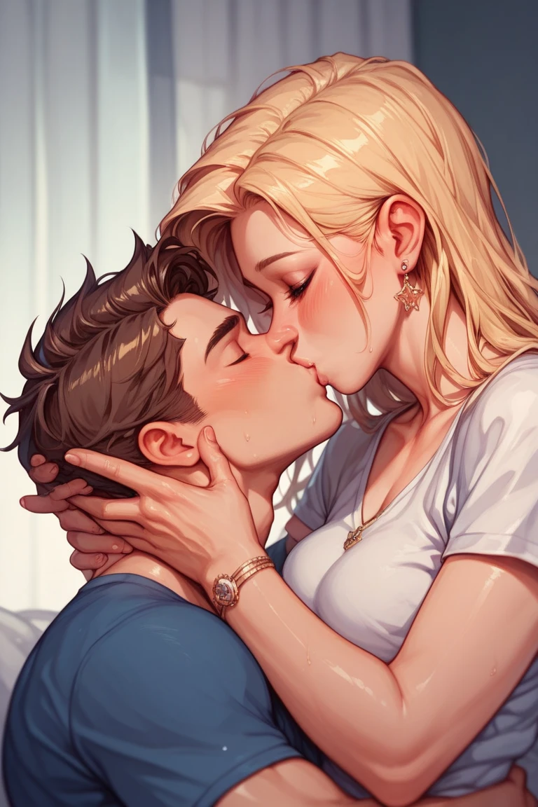 Hijabi Muslim woman kisses muscular blonde man