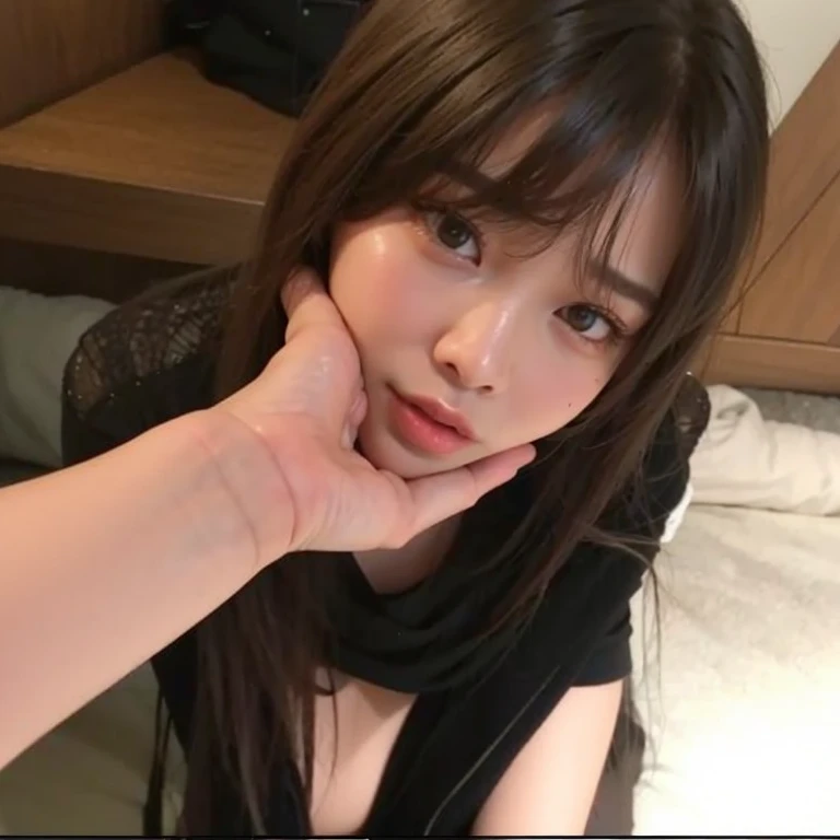 (detailed)、 Completely naked、 {(having blowjob:1.5)(男female)}、 { female(Crouch down、Big Breasts、Erect nipples 、Wet with sweat、pussy(Overflowing with love juice、detailed))}, カメラはfemaleの前面から撮影