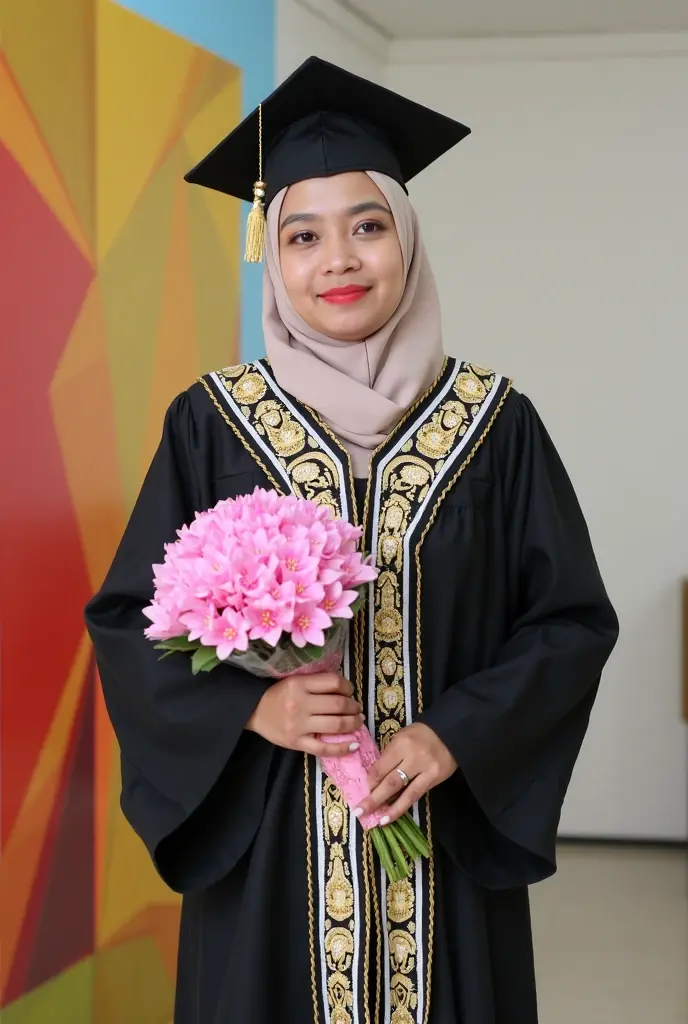 Consept art photography, fan art photography, a women, wearing hijab, pastel brown hijab, wearing black graduation hat, Wearing black graduation gown, wearing pastel blue graduation hood, cute pose, leaf art background, leaf effect, pastel brown lighting effect, volumetric lighting, bright results, perfect  pose, kawaii design theme