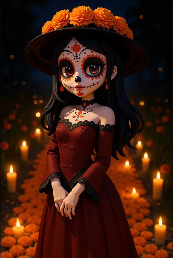 Artistic close-up photograph of a beautiful woman characterized as a catrina, skeleton makeup for a Day of the Dead parade, de road bike, incorporating elements of traditional Mexican art and modern design, elegant black catrina dress with orange floral elements, Ao fundo, you can see a night cemetery full of lit candles and orange flowers,  Candlelight is reflected on the model, The photograph was taken with a Nikon D850 SLR camera