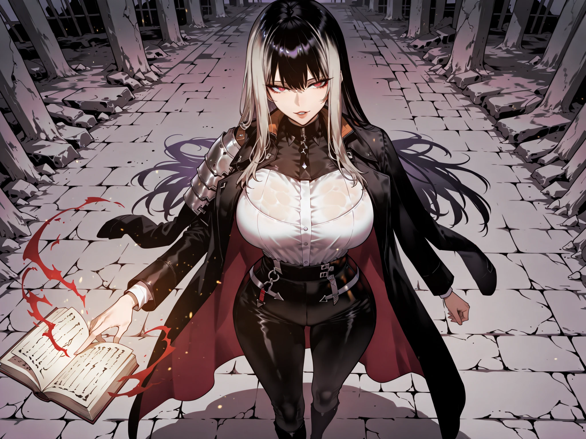 Ball of Light、光magic、taken from above、caveの中、Ruins、black suit、black longsuit、 black long jacket、ゴスロリなshirt、Depressed、Tall Woman、A woman in her thirties、 Alassah's woman、Steins;Gate、 black longsuit 、score_9, score_8_up, score_7_up, Source_anime,masterpiece、No expression、no makeup、top quality,beautifully detailed eyes in a logistics warehouse, Exquisite Eyes、A sophisticated eye、highly detailed eyes and faces,unmotivated expression、lethargic face、 long breasts, Black Jacketを羽織る、Black Jacket、shirt, big saggy breasts, shockingly big breasts, big breasts,big boobs、boobs 、Zitoida, makeup、no makeup、long hair、smooth straight hair、black slacks、tall woman、Tall Woman、plump thighs, parted lips、 shining eyes,(Fire Aura Onkown),dungeon内、Crimson Eyes、long hair、dark haired、黒い髪、Long Straight Hair、dungeon、cave、Ruins、solo、soloプレイヤー、red aura、 Crimson Aura 、Wide ass、beautiful butt、and stick your butt into the focus of your butt、long boots、Shoulder Armor、Fearless Laugh、strong、Is confident、suit pants、黒いlong pants、Black Skinny、long pants、Dynamic、Satu、fight、Satu狂、俺だけレベルupな件、arrogant、 Confidence々The smile 、bewitching smile、Sadist、Satu中、hunting、hunting、intimidating、magic使い、magic、Spell Book、magic、Spell Book、magicの本、Floating Book、floating book、Pearl of Light、Light Ball、 Floating Books、Flying Book