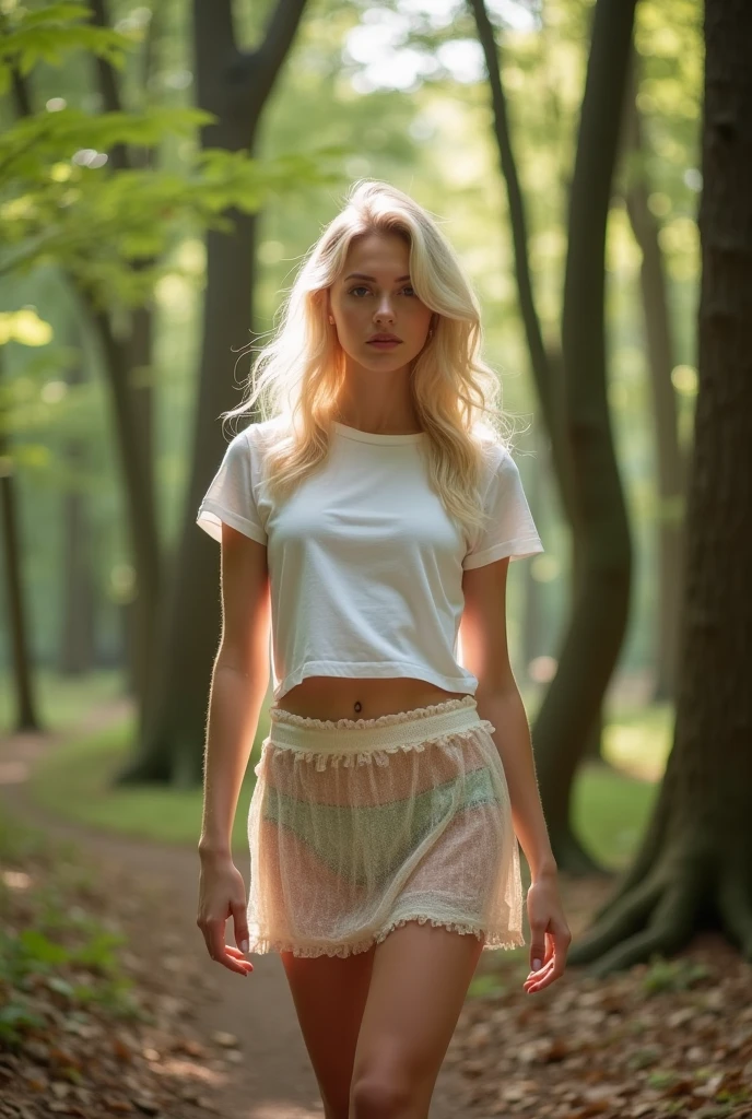 analog photo of 20yo blonde girl, perfect body, white t-shirt, perky natural breasts, white shoes, posing,forest, dslr, grainy, found footage, green eyes, amateur photo