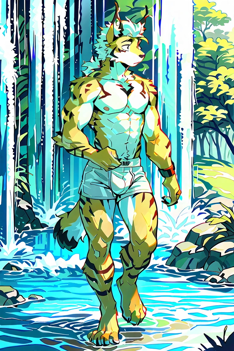 1 male furry,Lion race，Orange fur，Lake blue dull hair，Thin body type，The lower body is wearing a white loincloth, and shyly sit in the hot spring，The hot spring water overflows to the calf position，Snow scene