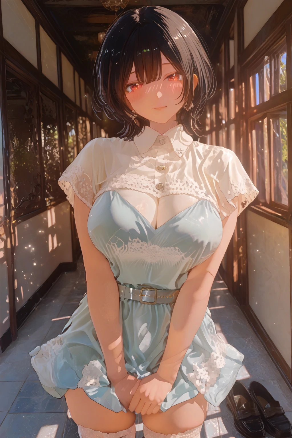 (masterpiece:1.2, highest quality), (Realistic, photoRealistic:1.4), Beautiful illustrations, 
View your viewers, whole body, Front view:0.6, 
1 girl, Japanese, high school girl, (Short Hair:1.5), Hair fluttering,, bangs, Hair between the eyes, Large Breasts:0.8, 
Beautiful Hair, Beautiful Face, Beautiful details, Beautiful clavicle, Beautiful body, Beautiful breasts, Beautiful thighs, Beautiful feet, Beautiful fingers, 
(Beautiful views), ,Love Hotel,
((Maid clothes)),  
(Are standing,  Place your hand on your chest, Place your hands between your legs), 
blush, ,