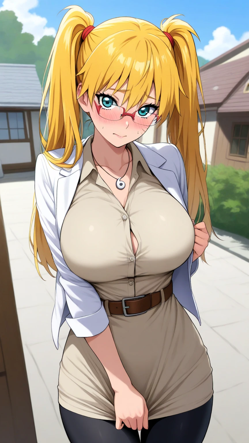 blush, smileglowing aura, natural light, masterpiece, glossy skin, juicy lips , ,sexy, hot, , cleavage, evil,juicy lips, bimbo, hour glass, blonde hair, wide eyes, green eyes, massive , dark lighting, long hair, pink bow, platform shoes, bow in hair, golden round glasses, sandy blonde hair, ((cropped shirt)), big , smile, pony tail, collared shirt