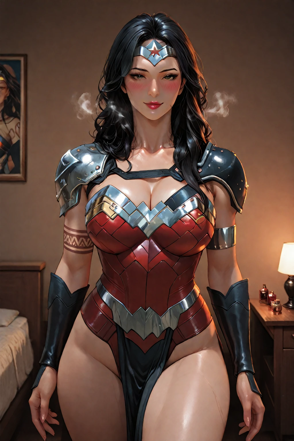 (RAW photo), (Realistic), (photo-realistic), ultra high resolution, masterpiece, highest quality, portrait, facial portrait, perfect lighting, detailed lighting, dramatic shadow, ray tracing, 1 Japanese beautiful girl, , slender body type, cleavage beautiful detailed brown eyes, chubby lips, red lips, medium breasts:1.2, big thick thighs, abs, muscle, ((very shortcut messy hair:1.5)), black hair, half open mouth, looking at viewer, ((the night view of the ancient stone room background)), (intense ecstasy:1.5),  ((stomach Heart-shaped tattoo:1.2)), looking back, booty pose, ((sexy bikini armor:1.5)),