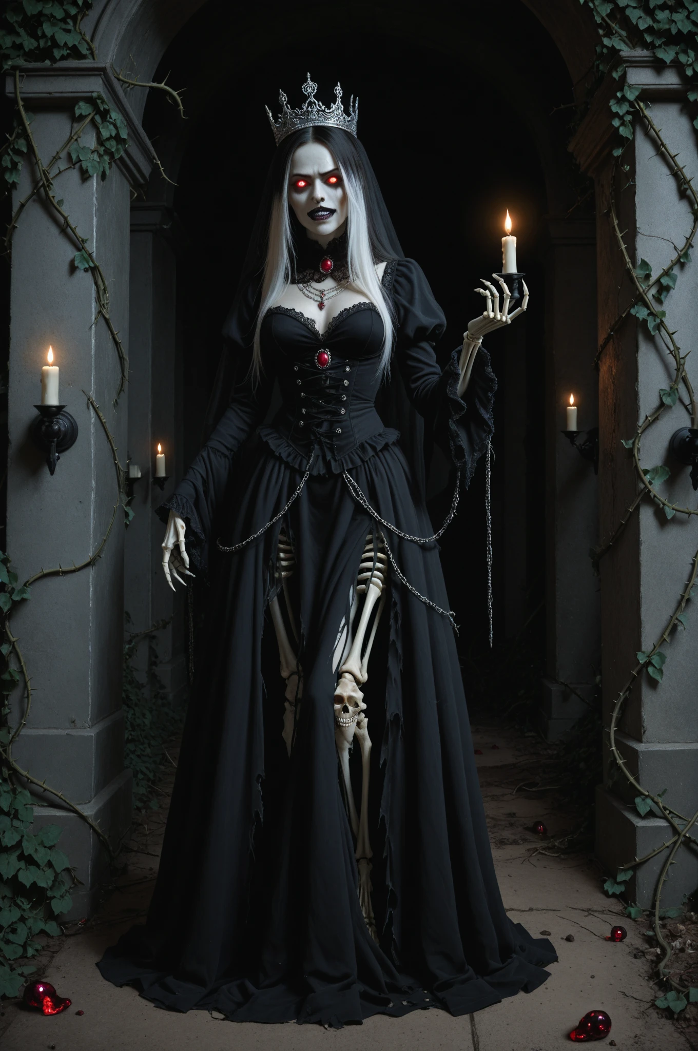 (dark fantasy), (Super wide angle moonlight), Gothic castle front, Skeleton Nun (bow your head, Wearing ragged nun clothes,green eyes, open mouth) , concept digital art, Sky blue and gray, (masterpiece, best quality, ultra high definition, Very detailed, movie lighting), Gothic