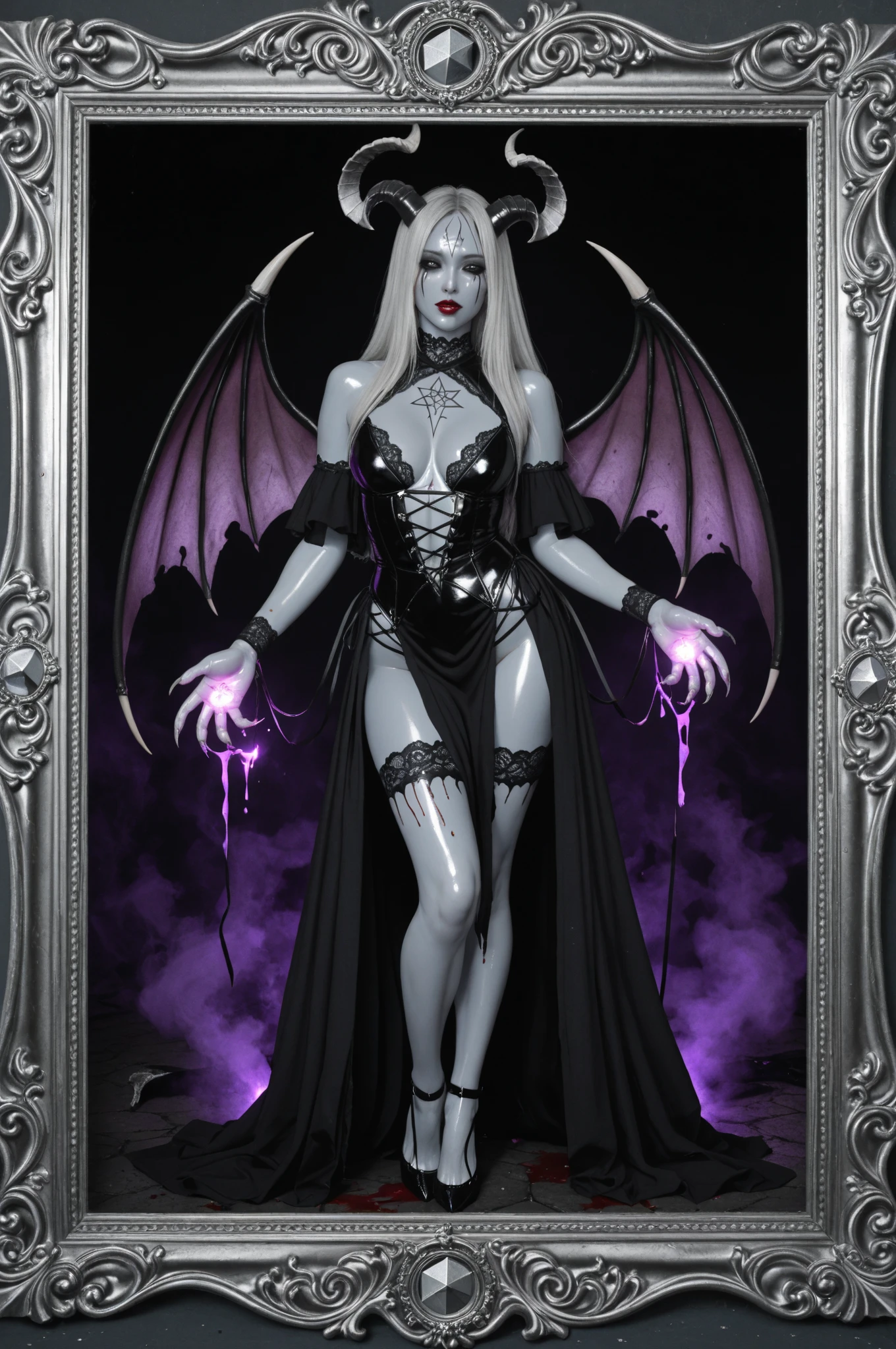 realistic, professional photograph of an 18 year old demon woman striking a pose, white hair and demonic horns wearing a black cut-out bodysuit with black leather straps and a pleated skirt, demon tail, black lipstick, (black knee-high hooves, hooves, hooved feet:1.25), clawed gloves, neon leg harness, metallic choker, demon, white skin, horns, red eyes, elven ears, realism, highly detailed, high budget, bokeh, cinemascope, moody, epic, gorgeous, altar of a gothic cathedral
