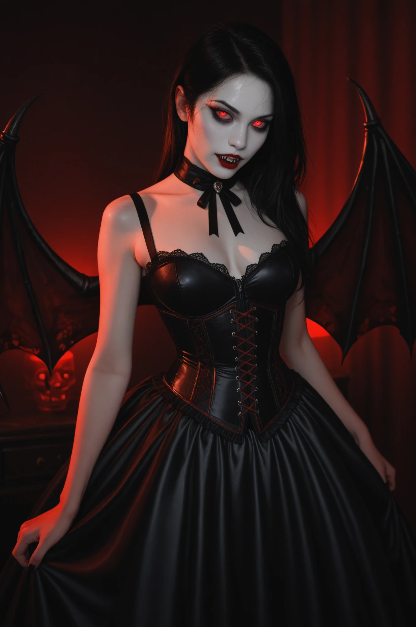 Very young girl, young girl, very young teen, Young lively teen girl undergoing a transformation into an evil demonic Vampire, female, long dark hair, pasty pale ghastly skin, red eyes, vampire fans, very long canine teeth becoming fangs, elegant flowing renaissance era black dress, Romanian, dark castle, nighttime, moonlight, dimly lit, horror, threatening to bite you, bearing her fangs, huge leathery bat wings, close, very close, Vampire bite scene, long black obsidian horns, red-tinged skin, massive breast expansion, huge breast implants