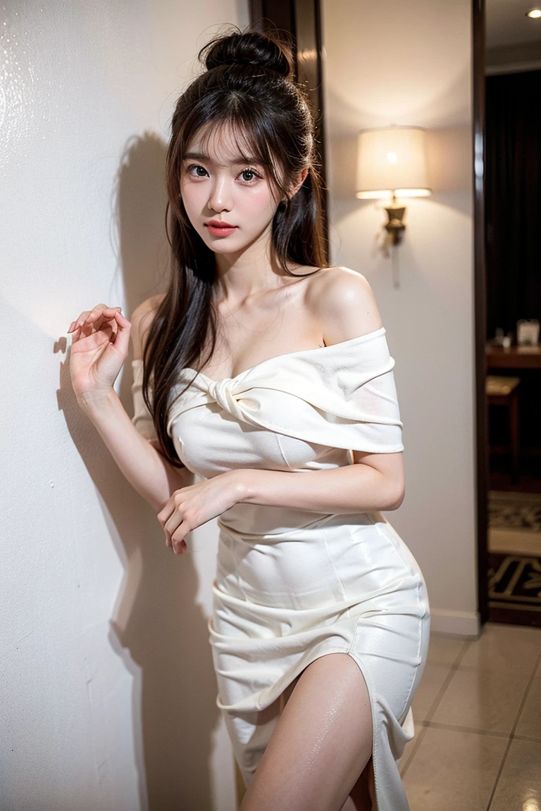 1 girl，20 years old, 170cm tall、Physical coordination、Proportions are well-proportioned、standing beside window，Cocked buttocks、Bright backlight, alone, {Beautiful eyes details 1.3）（round eyes：1.8） , Highly detailed facial and skin textures, Natural and soft light, dark brown hair，natural drape, Exquisite facial features, blunt bangs, beautiful korean girl, Eyes are bright, happy smile 、(She is wearing a pure white halter top:1.3)、(She is wearing an exquisite miniskirt:1.3)、Wearing red high heels，hands in pockets、E杯、Realistic cleavage，film grain，full-body shot，long legs，masterpiece, best quality, light, Super detailed,, ultra high resolution, 8k wallpaper, Perfect dynamic composition, Exquisite facial features，It's a perfect face,Facing the peak of sexual arousal, looking at the audience，hair natural，clavicle，Ultimate light and shadow，(Skin texture is extremely delicate1.3), (Perfect details: 1.1),Looks a lot like actor Li Qin，