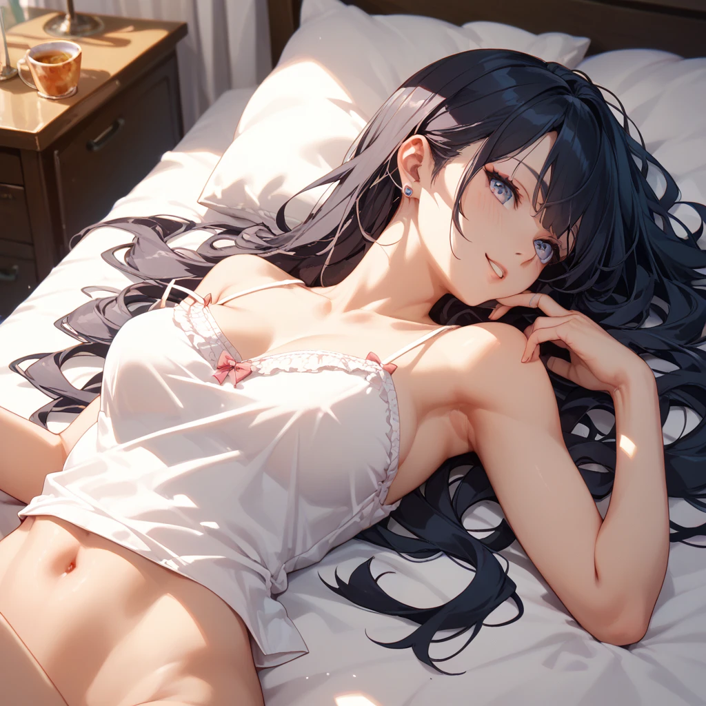 (Best Quality,High resolution,8K,finelity detailed background,Masterpiece:1.2),beautiful girl,Shiny purple hair,messy hair,Purple Eyes,Gentle look,A refreshing look,Best quality,Best Quality,Aesthetic and aesthetic:1.2,Best details((Super detailed))(High-definition CG illustrations),White underwear (white,intricate lace),Slender body,Late Night,Moonlit Night,Bedroom,On the bed,smile,blush,cute,Scrounge,Looking up,Being spoiled,super model,on back,shoot from above