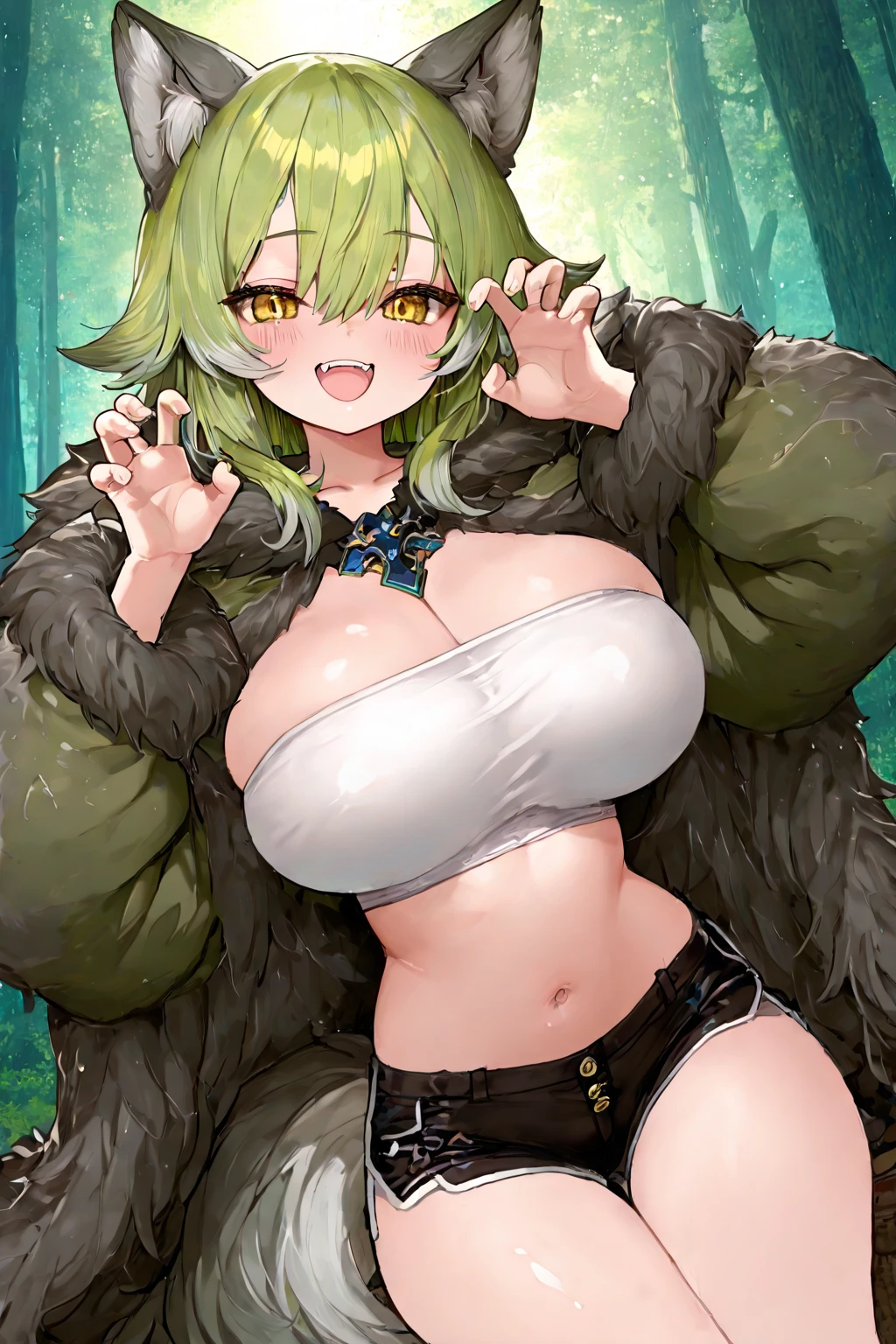   , Croped, , cleavage, slim waist, cropped hoodie underboob, cropped hoodieunderboobhoodie, 1girl, 2 wolf ears, wolf tail, marijuana crop hoodie, crop shorts, marijuana hoodie, spiky hair, spiky fur, green hair, red eyes,marijuana field, tight clothes, perfect eyes, perfect hands, clear resolution, full body, cleavage skin, marijuana plants, open hoodie, marijuana field, black thigh high socks, full body, earrings, 1girl, skirt,  cleavage, slim waist, cleavage, slim waist, hair pulled back, big breast, round butt, slim waist, best quality, sexy pose, thick thighs, D-cup breast, 
