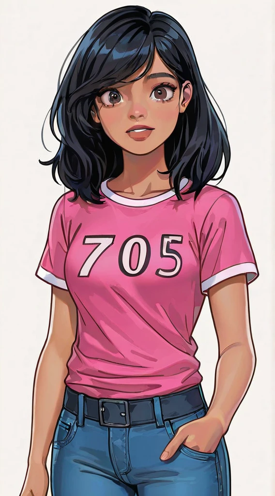 Beautiful 13 year old Latina teen, short sleeve shirt, leggings, high heels, full body