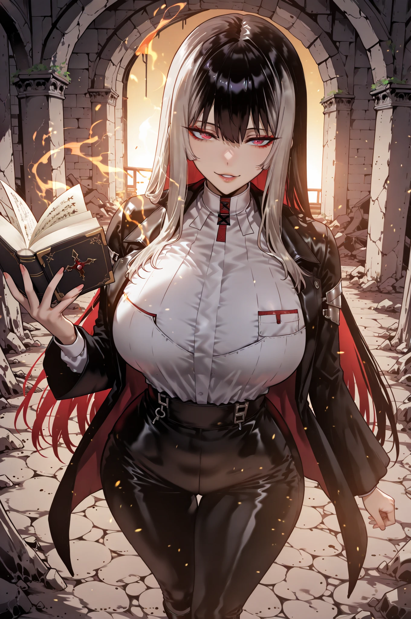 Ball of Light、光magic、taken from above、caveの中、Ruins、black suit、black longsuit、 black long jacket、ゴスロリなshirt、Depressed、Tall Woman、A woman in her thirties、 Alassah's woman、Steins;Gate、 black longsuit 、score_9, score_8_up, score_7_up, Source_anime,masterpiece、No expression、no makeup、top quality,beautifully detailed eyes in a logistics warehouse, Exquisite Eyes、A sophisticated eye、highly detailed eyes and faces,unmotivated expression、lethargic face、 long breasts, Black Jacketを羽織る、Black Jacket、shirt, big saggy breasts, shockingly big breasts, big breasts,big boobs、boobs 、Zitoida, makeup、no makeup、long hair、smooth straight hair、black slacks、tall woman、Tall Woman、plump thighs, parted lips、 shining eyes,(Fire Aura Onkown),dungeon内、Crimson Eyes、long hair、dark haired、黒い髪、Long Straight Hair、dungeon、cave、Ruins、solo、soloプレイヤー、red aura、 Crimson Aura 、Wide ass、beautiful butt、and stick your butt into the focus of your butt、long boots、Shoulder Armor、Fearless Laugh、strong、Is confident、suit pants、黒いlong pants、Black Skinny、long pants、Dynamic、Satu、fight、Satu狂、俺だけレベルupな件、arrogant、 Confidence々The smile 、bewitching smile、Sadist、Satu中、hunting、hunting、intimidating、magic使い、magic、Spell Book、magic、Spell Book、magicの本、Floating Book、floating book、Pearl of Light、Light Ball、 Floating Books、Flying Book