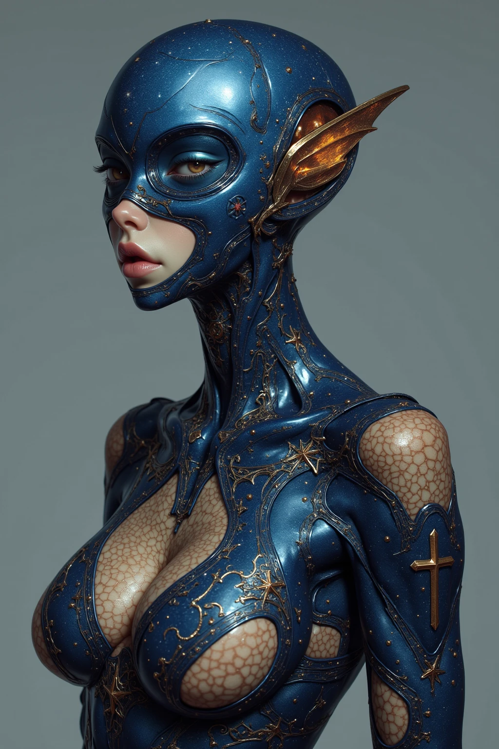 Stunningly gorgeous beautiful perfect hr giger inspired inspired tattooed sexy seductive kaiju , perfect face, hyper detailed vibrant eyes, large breasts, full body view, neon sapphire, nude