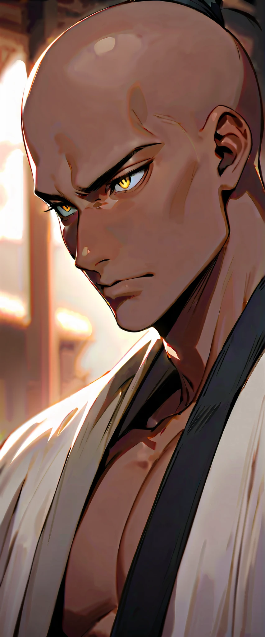 (high-quality, breathtaking),(expressive eyes, perfect face) 1boy, male, solo, young adult, yellow eyes, (bald hairstyle), (dark skin), soft serious expression, Monk profession, martial artist, well built body, pants, knuckle bandages, fantasy clothing, fantasy attire, DnD Monk Class, oriental monk, half body,