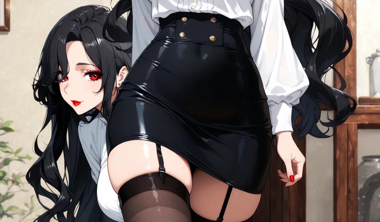 1girl, black dress, red eyes, black hair, gold hairband, black thighhighs, boots, thigh boots, high heel boots, fingerless gloves, full body, (sofa, kneeling), full shot, slightly above shot, ((from behind, top-down bottom-up)), looking at viewer, arm behind back, skirt lift, lifted byself, pulled byself, holding skirt hem, (((white, panties))), wet panties, (((stained panties))), panties cover buttocks, (cameltoe), [[ass focus]], nsfw, masterpiece, detailed shadows, detailed light, highly detailed, best quality, HD, 4K, high quality, photograph