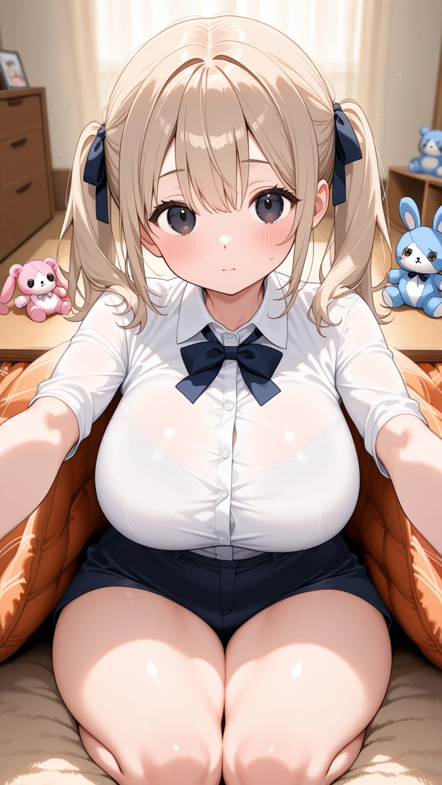 highest quality, Super detailed, masterpiece, Ultra-high resolution, 8k, Ridiculous, Cowboy Shooting, Focus on the girl, Embarrassing, blush, Lovely, Close one eye, With tears in her eyes and her mouth open, drooling, (arms behind head), (wariza),Classroom Background, 1girl, little cocon \(umamusume\), umamusume, (medium breasts), (sagging breasts),(huge nipples), Black knee socks,Thighs,Waistline, (high angle shot)