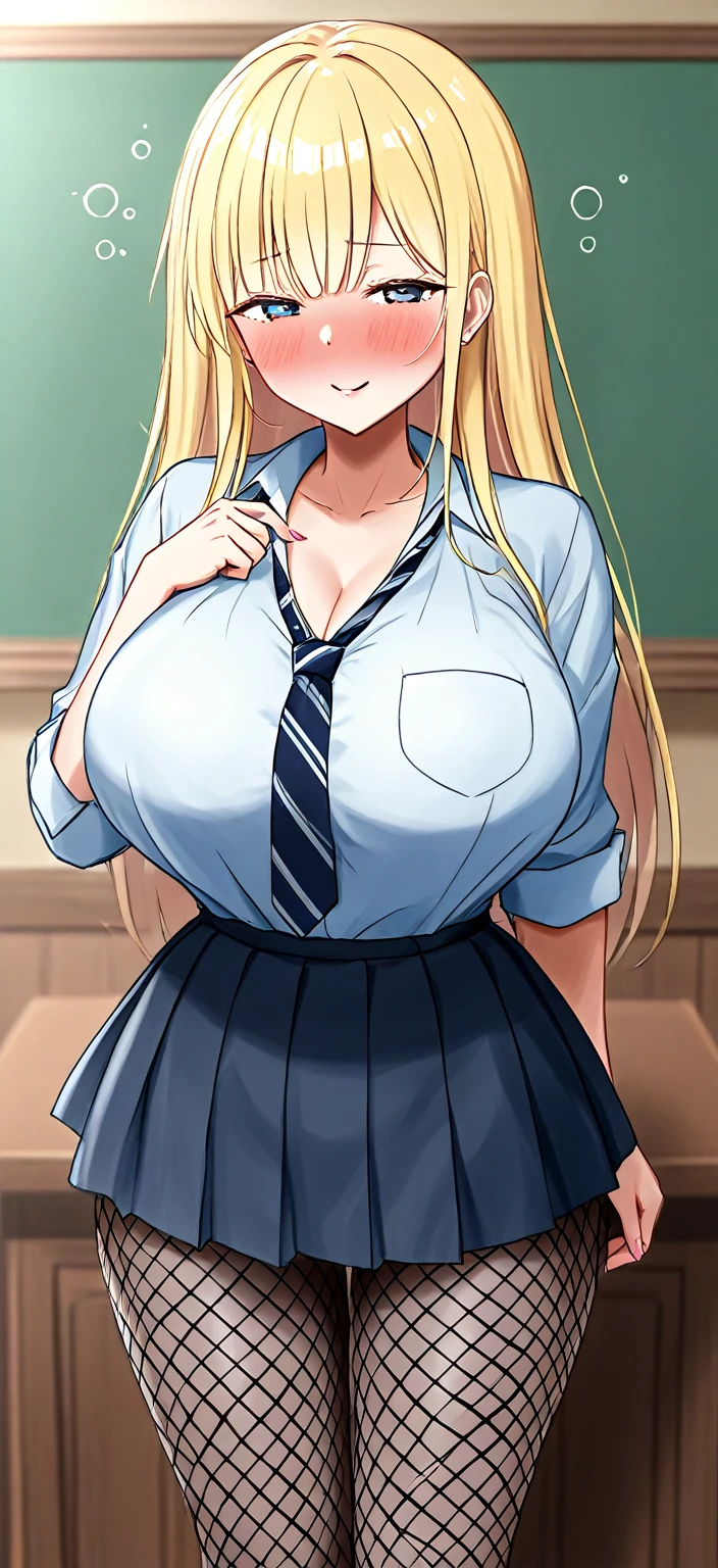 masterpiece, best quality, high resolution, Beichuan Navy, 1 girl, blonde hair, long hair,, purple eyes, jewelry, earrings, punching, uniform, White shirt, tie shirt, black collar, blue tie, Plaid skirt, grinning, giggle, Permanent installation, cowboy shooting, classroom，huge breasts