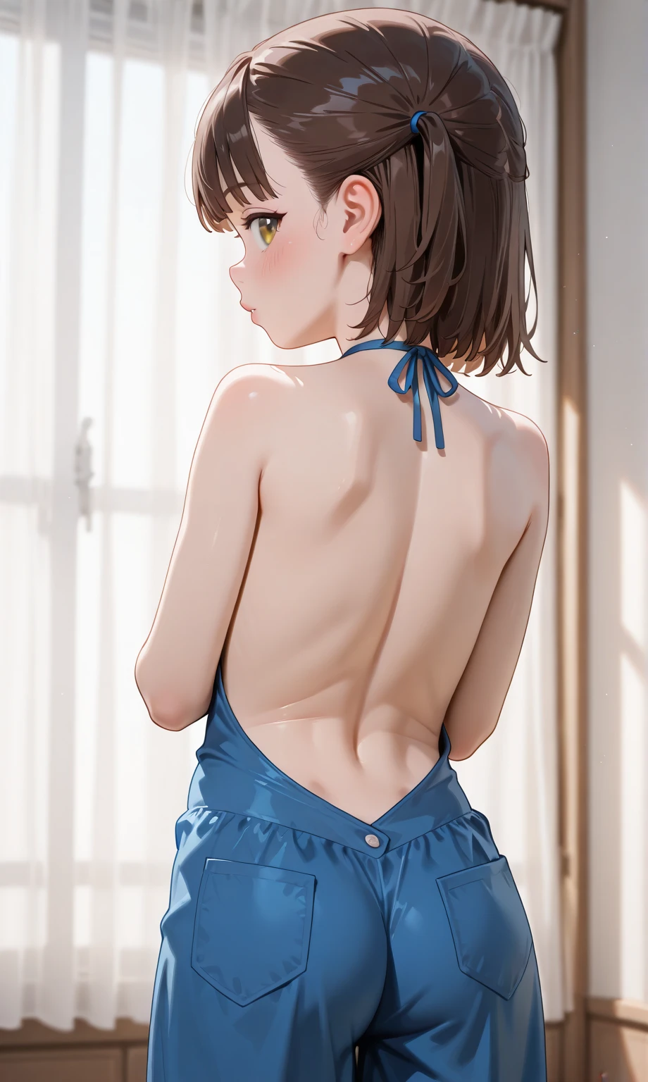 1 girl, One, pink hair, butterfly hair decoration, (naked:1.3), (white apron), Big breasts, split, hips, cafe background, (blushing:1.3)