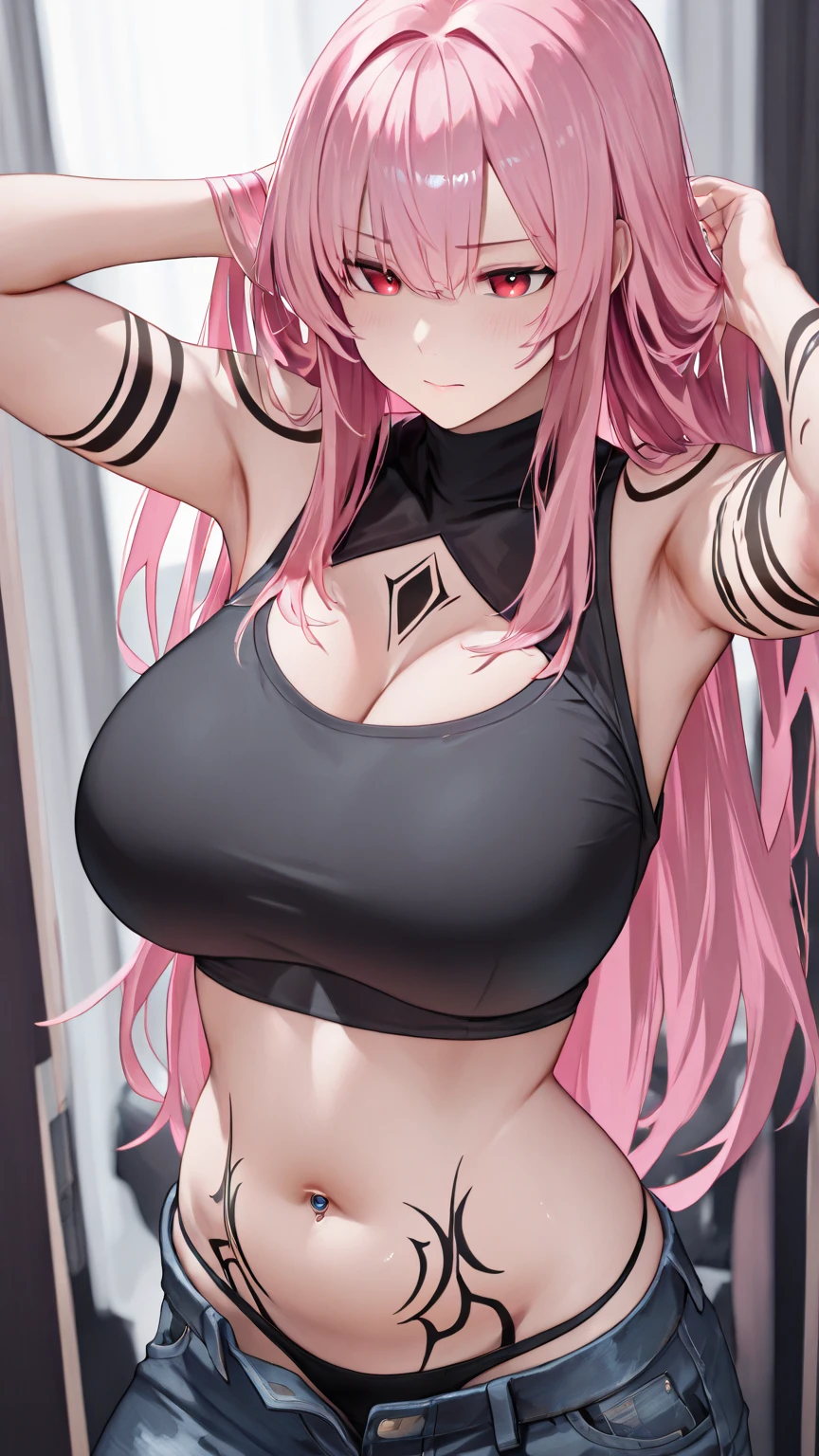 , neon pink lights in background, gamer girl, computer set up, desk, holding 2 fingers up, making peace sign, wearing croptop showing clevage, sexy, ,tan skin, arched tapered eyebrows, full lips, button nose, black winged eyeliner, brown eyes, 2 snake bite lip rings, chubby, mega milkers, wearing a black choker necklace, long PINK emo hair with side shave, wearing black big circles in ear gauges,hyper breasts, gigantic breasts