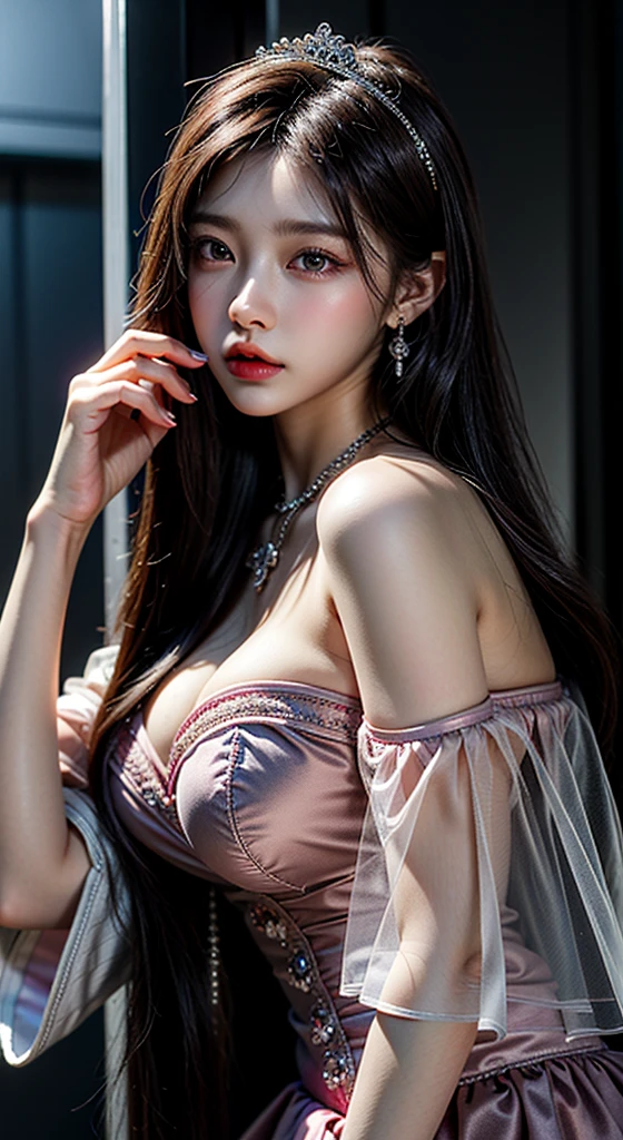 Portrait of a 21 year old saint,Charming adult saint in a long dress made of thin silk, beautiful saint with an old face, adult, She is wearing a bright pink colorful dress:1.5, beautiful face without blemishes, ((7 hair length colors:1.2)), big crown, hair brooch, Hanfu dress, Ancient Chinese style, Full-body jewelry, forehead tattoo, face tattoo,very big breasts, face, innocent face, The most beautiful and delicate light red lipstick, ((thin and plump lips:0.3)), ((golden eyes color:0.6)), Detailed and delicate lighting effects, Light and Darkness, dramatic lighting, magical lights, highly detailed lighting, natural color, very sharp, realistic, 8K quality, Fantasy space setting, A space of saints and magic, The most detailed images, ((alone:0.3)), ((to the saints:0.6)), ((Staring straight at saint&#39;upper body:0.4)), ((soft skin:0.5)), ((saint&#39;veil:0.6)),Tattoo , Face tattoo,Oiran , clothes made of jewels , Cherry Blossom , 🌸 , breast exposure, Tattoo on the back, back, butt exposure, Lift up your skirt, Nasty facial expressions, Nasty posture